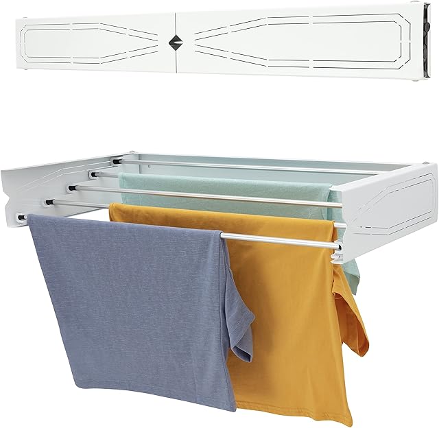 homeart Wall Mounted Clothes Drying Rack | 95 cm Retractable Laundry Clothes Airer | Collapsible Folding Washing Line Clothes Dryer, Indoor & Outdoor, Compact Patterned Design 25 kg Capacity, White
