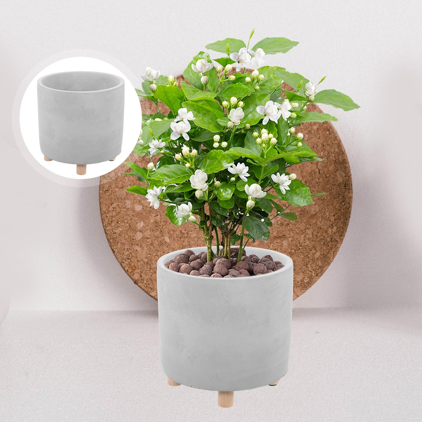 COLLBATH Pot de Fleurs Ciment Simple et Créatif Pot de Plante Décoratif Intérieur avec Bois Drainage Décoration Naturelle pour Maison et Jardin