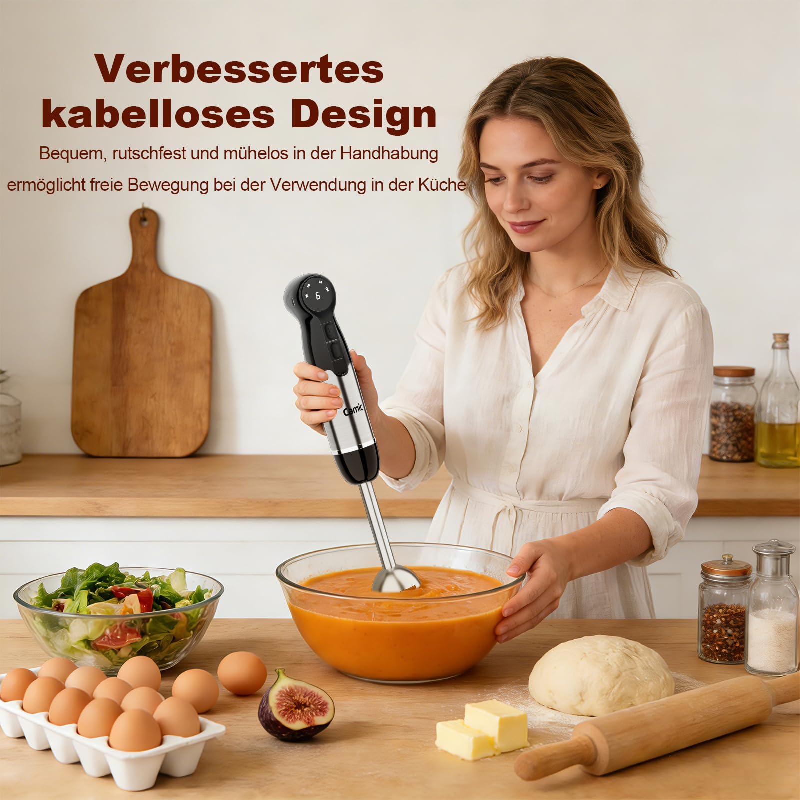 Camic Stabmixer, 4-in-1 Pürierstab, Kabelloses Elektrische Stabmixer mit 6-Stufiger + LED-Anzeige, Inklusive Edelstahl-Mixfuß, Schneebesen und 500ml Lebensmittelhacker für Suppen, Babynahrung