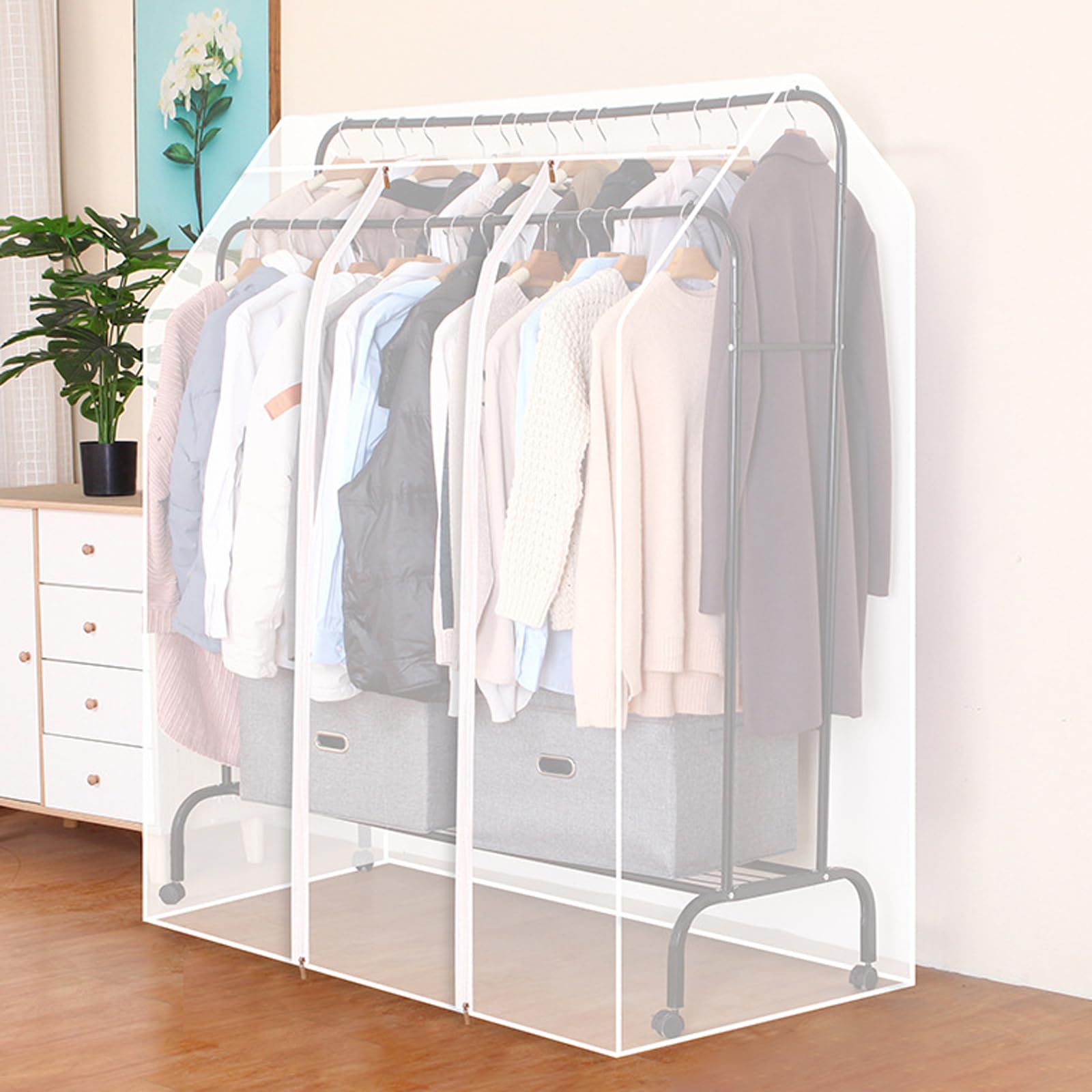 RobustWeg Double Pole Clothes Rack Dust Cover,Dustproof Clothes Rail Cover,Hanging Rack Protector Clothes,Transparent Design,Easy-Access,for High And Low Double Rod Coat Racks