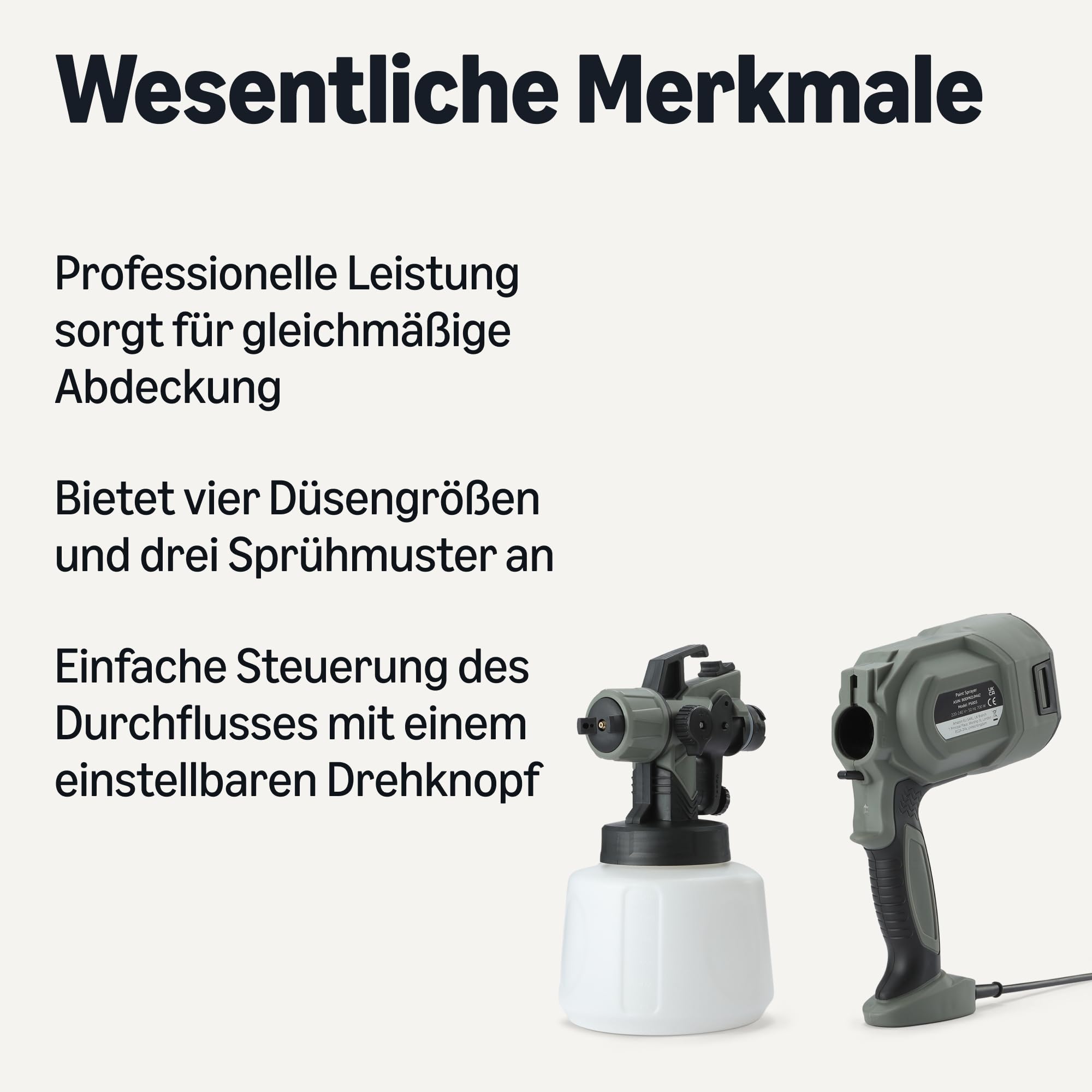 Amazon Basics Elektrische Spritzpistole 700W mit 1.200ml Behälter, 4 Düsen und 3 Sprühmuster, für Innen und Außenbereich, Grau