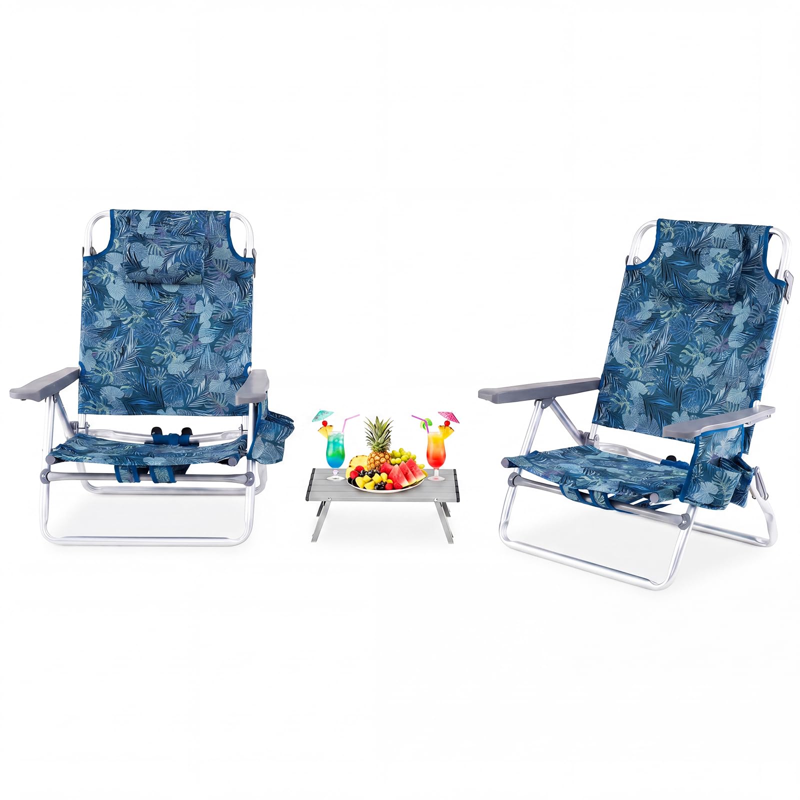 COSTWAY Set Sedia da Spiaggia, con Tavolino Pieghevole, Schienale Regolabile a 5 Livelli, Poltrona da Spiaggia con Cuscino per Testa, Sedia da Campeggio, Portata 136 kg (Blu Scuro, Modello 2)