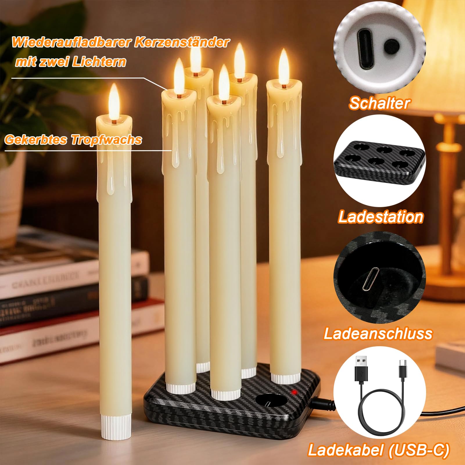 Eldnacele LED Stabkerzen mit Timerfunktion, 6er Set mit Tropfwachs-Design | Elektrische Kerzen mit Fernbedienung, flackernde 3D-Flamme, elfenbeinfarben, batteriebetrieben, Weihnachtsdeko und Hochzeit
