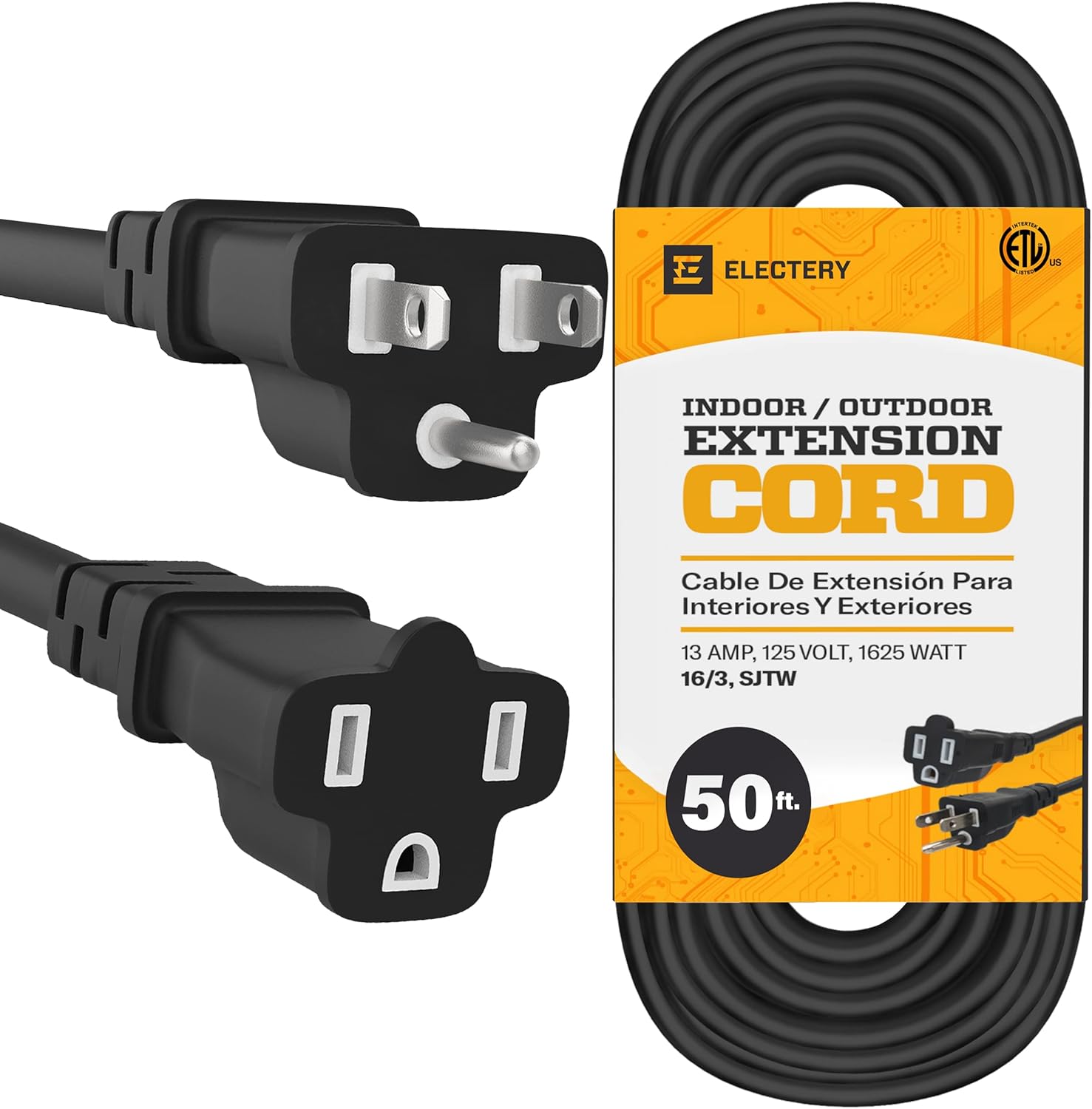 Black Extension Cord 50 Ft 16/3 SJTW 3 Prong Outdoor Extension Cord 10+ ft - 13 Amps, 125V, Power Cord - Flexible Waterproof Weather Resistant Grounded Plug - ETL Listed for Indoor and Outdoor Use