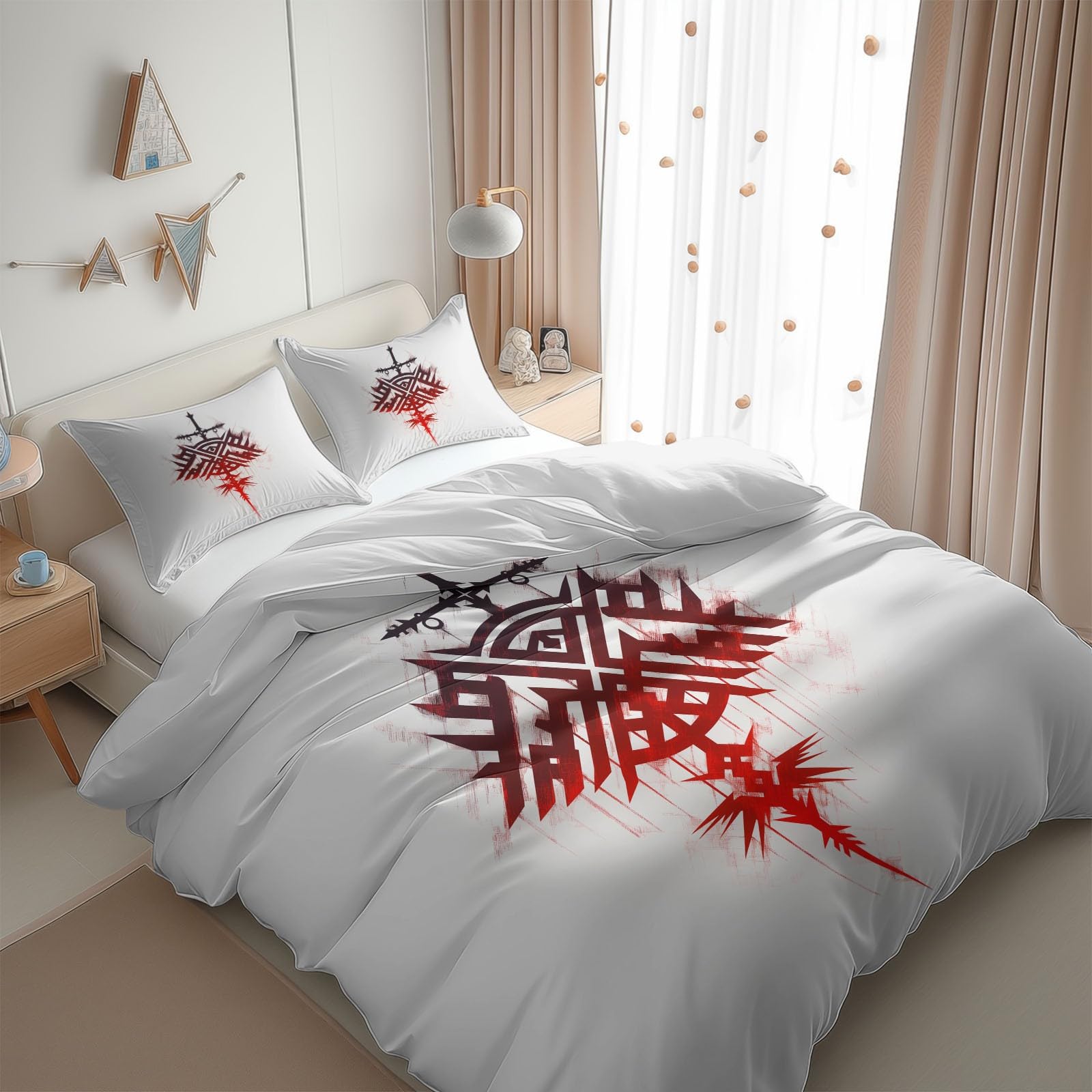 Copripiumino Matrimoniale 200 x 200 cm Logo Runico Vichingo Semplice Biancheria da Letto, 100% Microfibra 3 Pezzi con 2 Federa(50x80CM) Chiusura a Cerniera per Ragazzi e Ragazze, Bianco