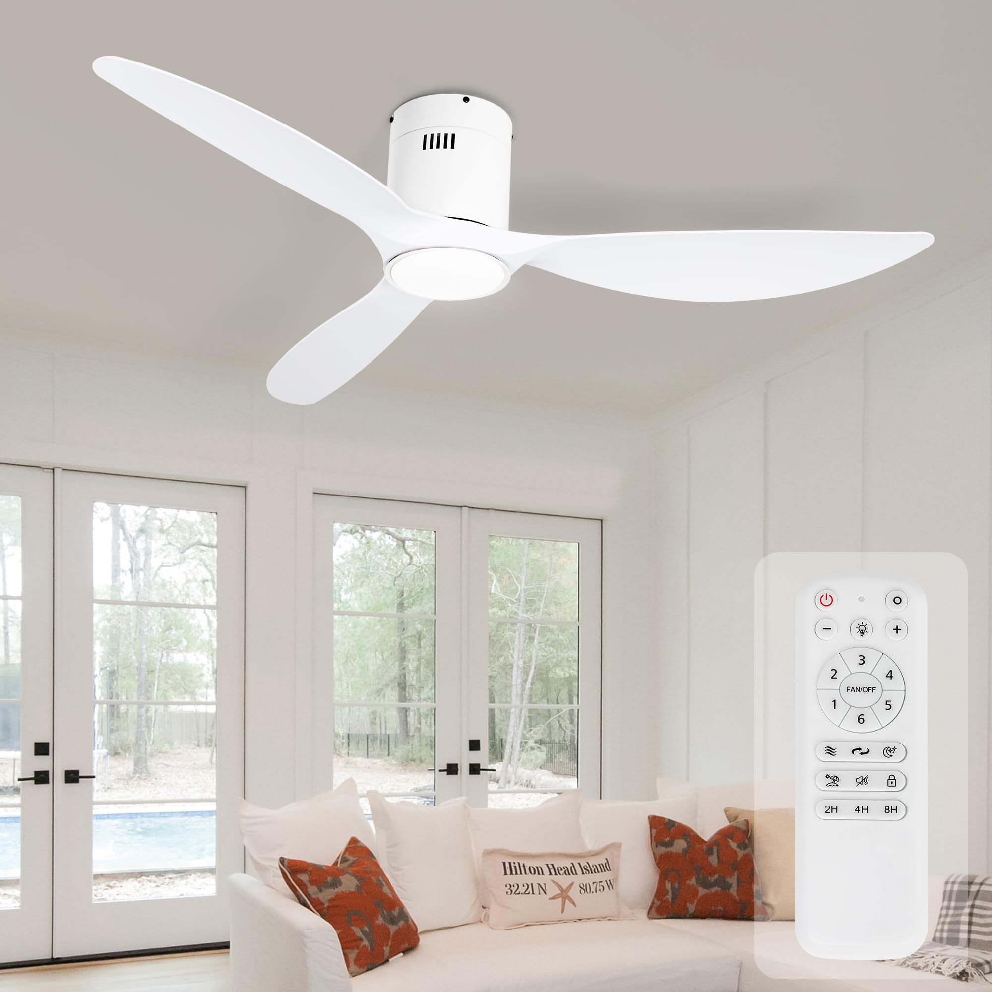 Ceiling Fans with Lights, 52 inch Low Profile Ceiling Fan with Light and Remote Control, Flush Mount, Reversible Motor, Dimmable, Noiseless, White Ceiling Fan for Bedroom, Indoor Use,White