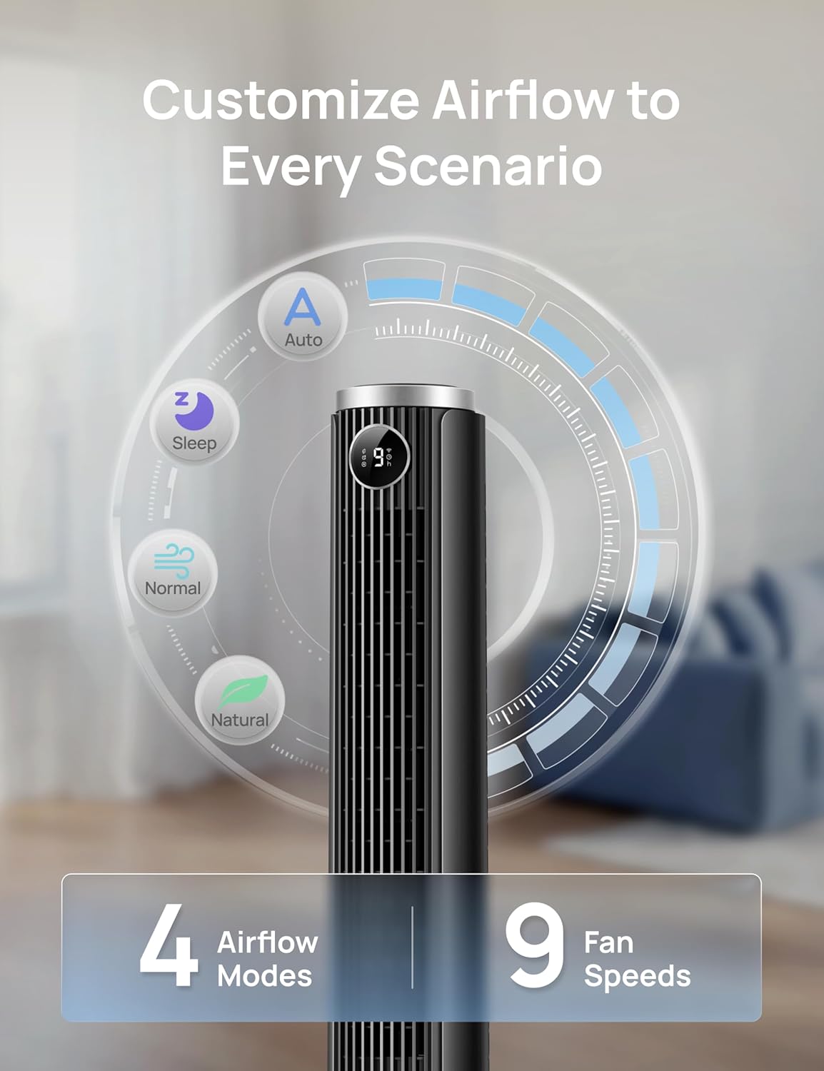 DREO Smart Tower Fan for Bedroom, 40”-45” Adjustable Height, 28 ft/s Velocity, DC Motor, 9 Speeds, 4 Modes, 90°Oscillating, Standing Fan, 20dB Quiet, 12H Timer for Home, Office, Google/Alexa, Black