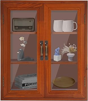 3 Tier Storage Cabinet, Double Door Wooden Desk Top Organizer Cabinet, Wooden Apothecary Cabinets Desktop Storage Cabinets for Living Room, Study Brown