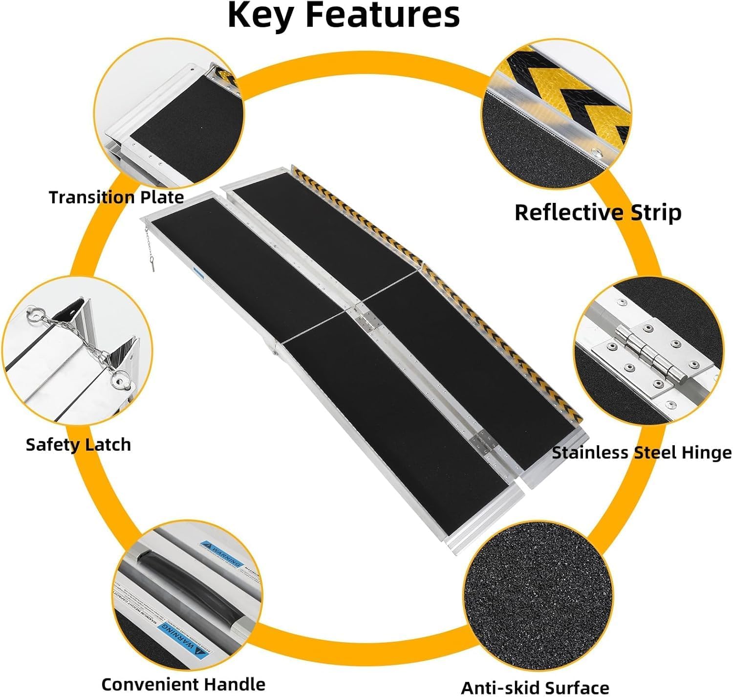 Rampa De Aluminio Resistente para Silla De Ruedas - Superficie Antideslizante, Placa De Transición, Bandas Reflectantes, Capacidad De 272 Kg - Acceso Ligero y Duradero para Movilida