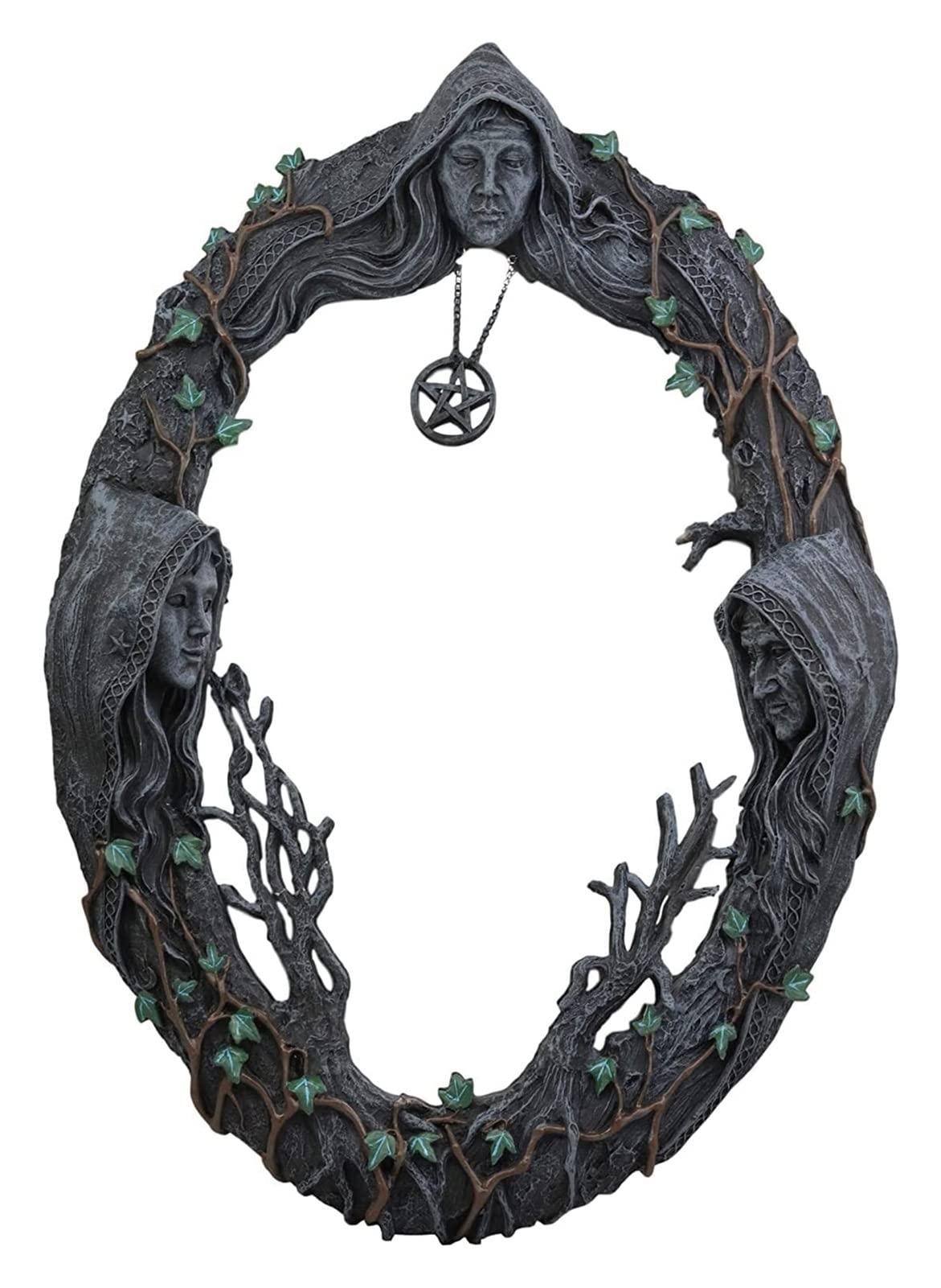 WSJF Sculpture Statue 3.94 Inch Triple Goddess Mirror With Amulet,Mini Moon Mirror,Triple Mother Maiden Crone Wall Hanging Mirror,for Woman Ms. Desktop Makeup Table Decor Cosm