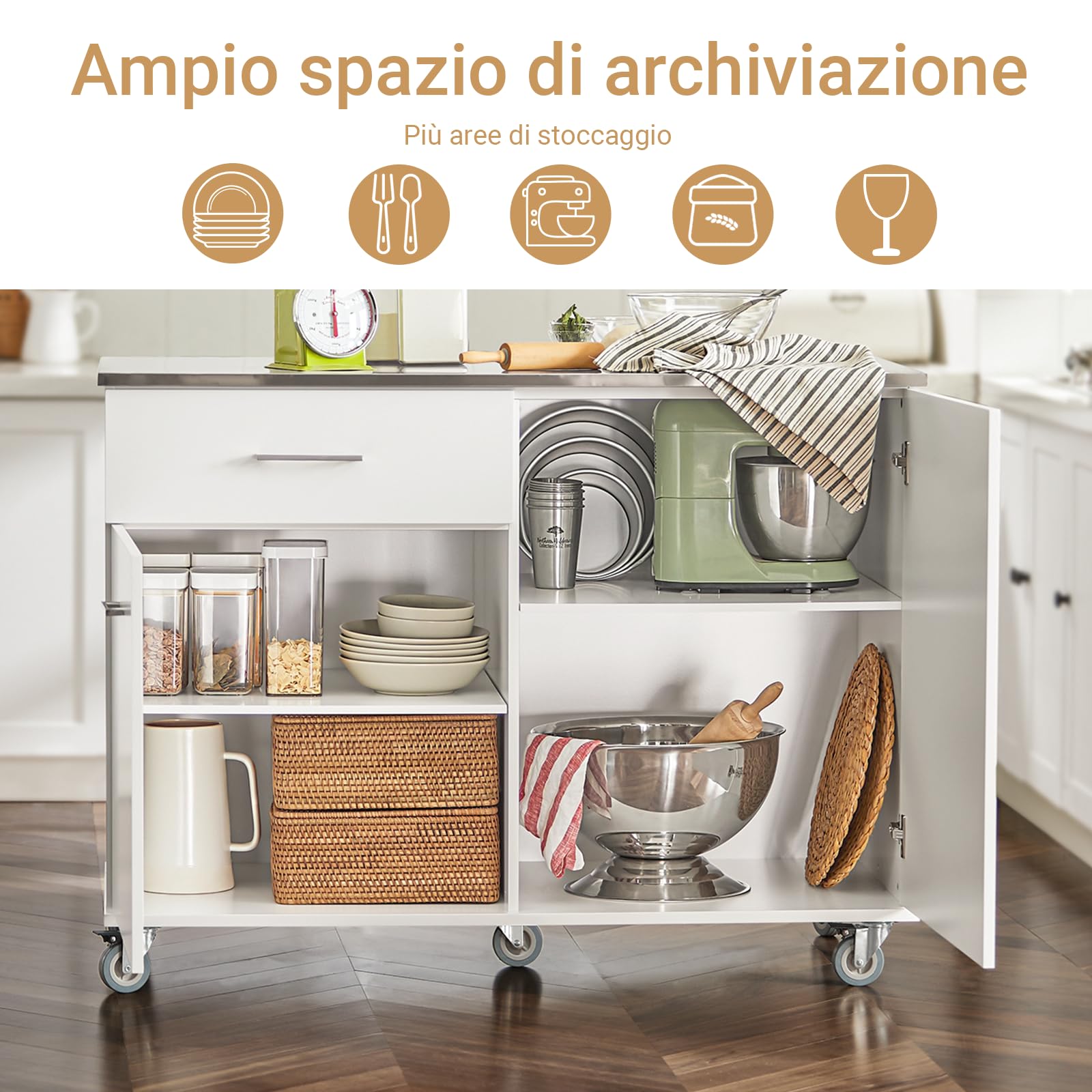 SoBuy Carrello Cucina con Ruote Isola Cucina con Piano di Lavoro in Acciaio Inox, 1 Cassetto e 2 Ripiani Regolabili, Mobile Salvaspazio per Mobili da Cucina Bianco120 x 56 x 90 cm FKW117-W