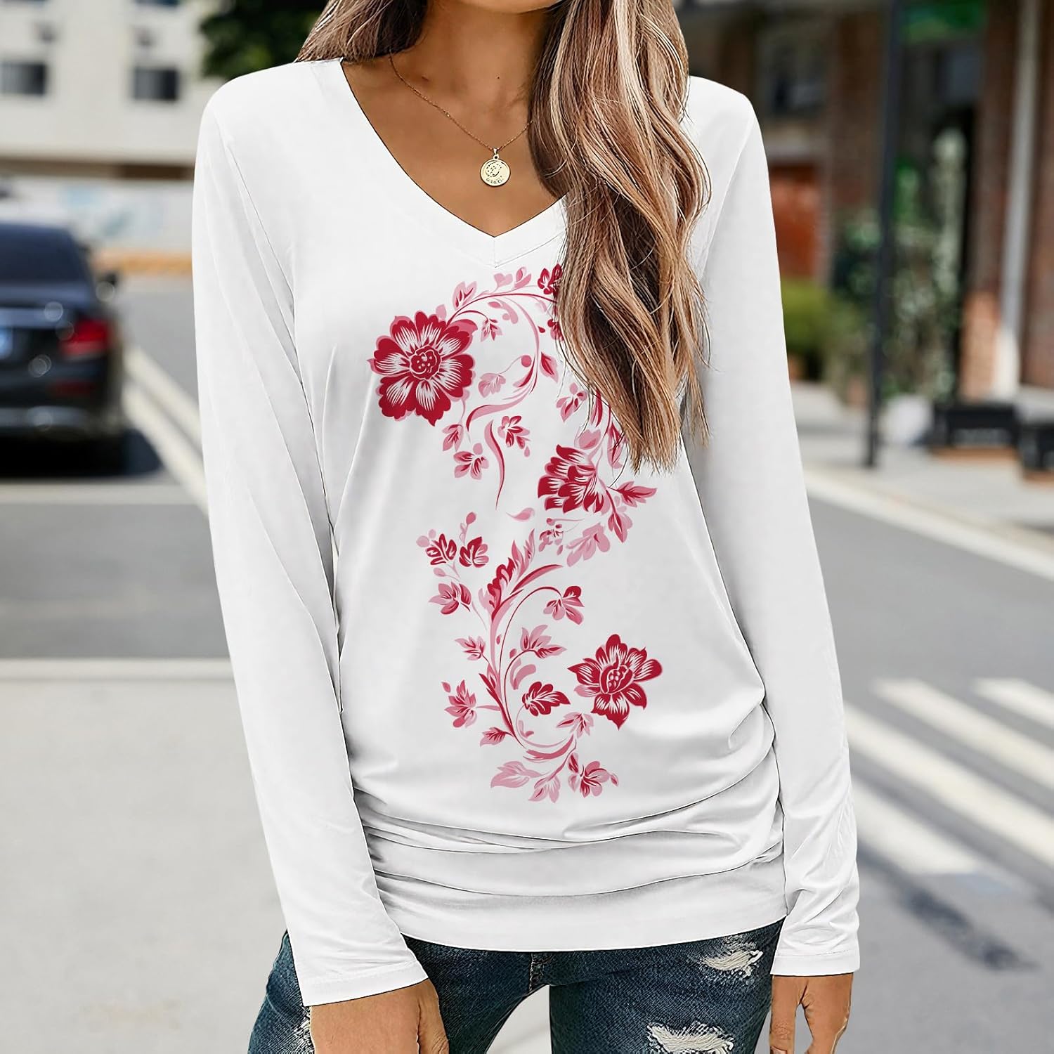 LOAIHA Womens Long Sleeve V Neck Shirt Casual Print Top Elegant White Blouse Spring Fall Fashion Everyday Outfit Gyx1047 X-Large image 3 of 3 B0FPFJF221