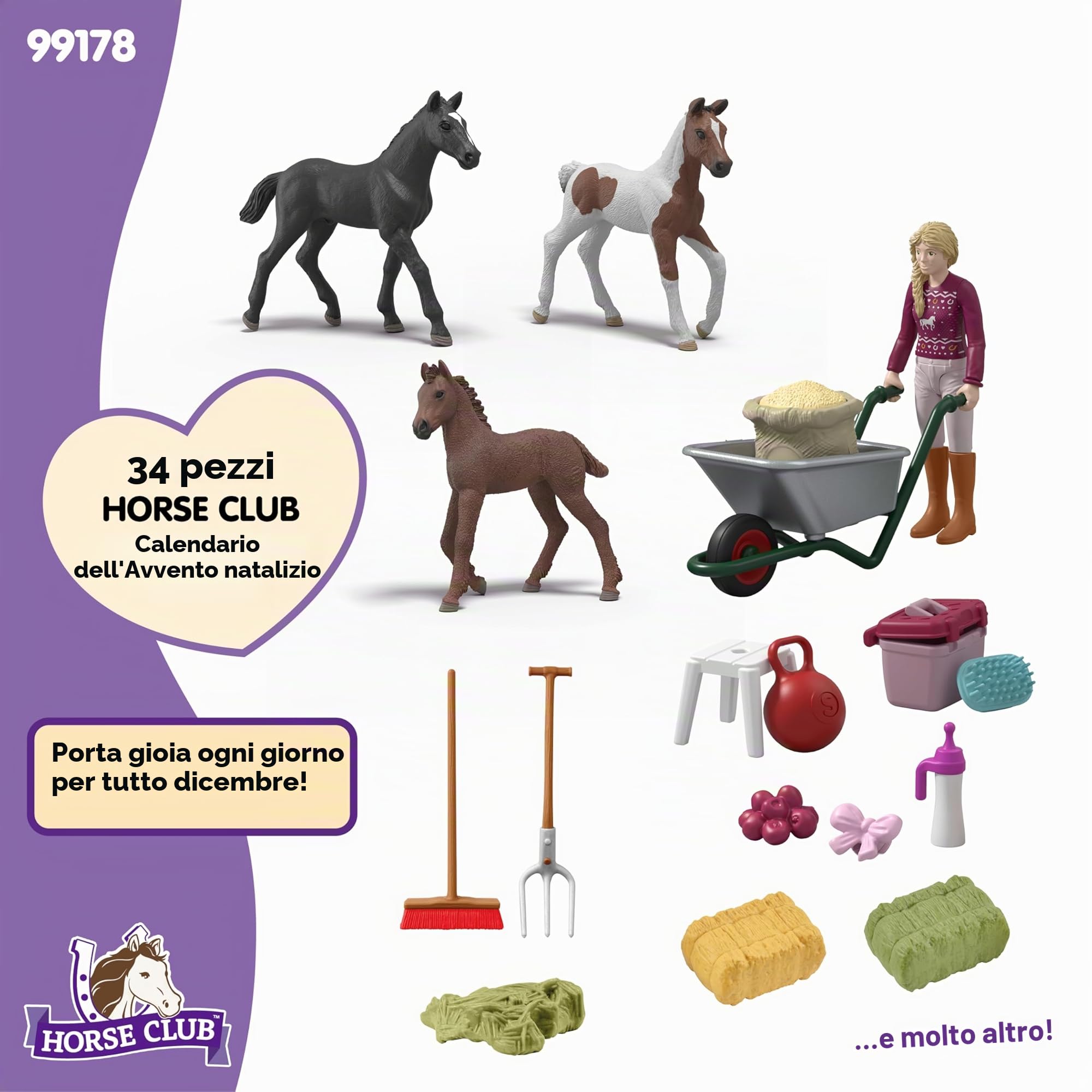 schleich HORSE CLUB | Calendario dell’Avvento HORSE CLUB 2025 – Meraviglia di Natale Allevamento di Puledri 99178 | figura snodata Sofia, 3 puledri esclusivi & accessori | regalo dai 5 anni | 34 pezzi