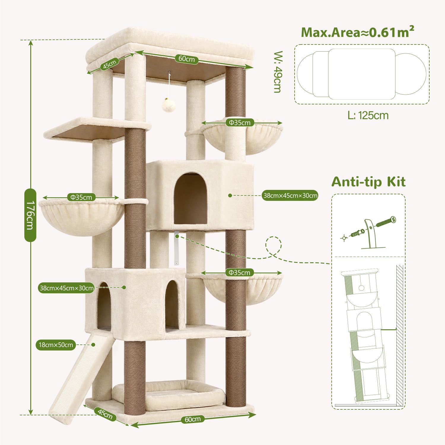 Globlazer Rascador beige XL de 177 cm de alto con 2 casas grandes para gatos, plataforma grande acolchada (60 x 44 cm), 3 cestas blandas, rampa para rascar sisal, estable para 2 – 4 gatos adultos