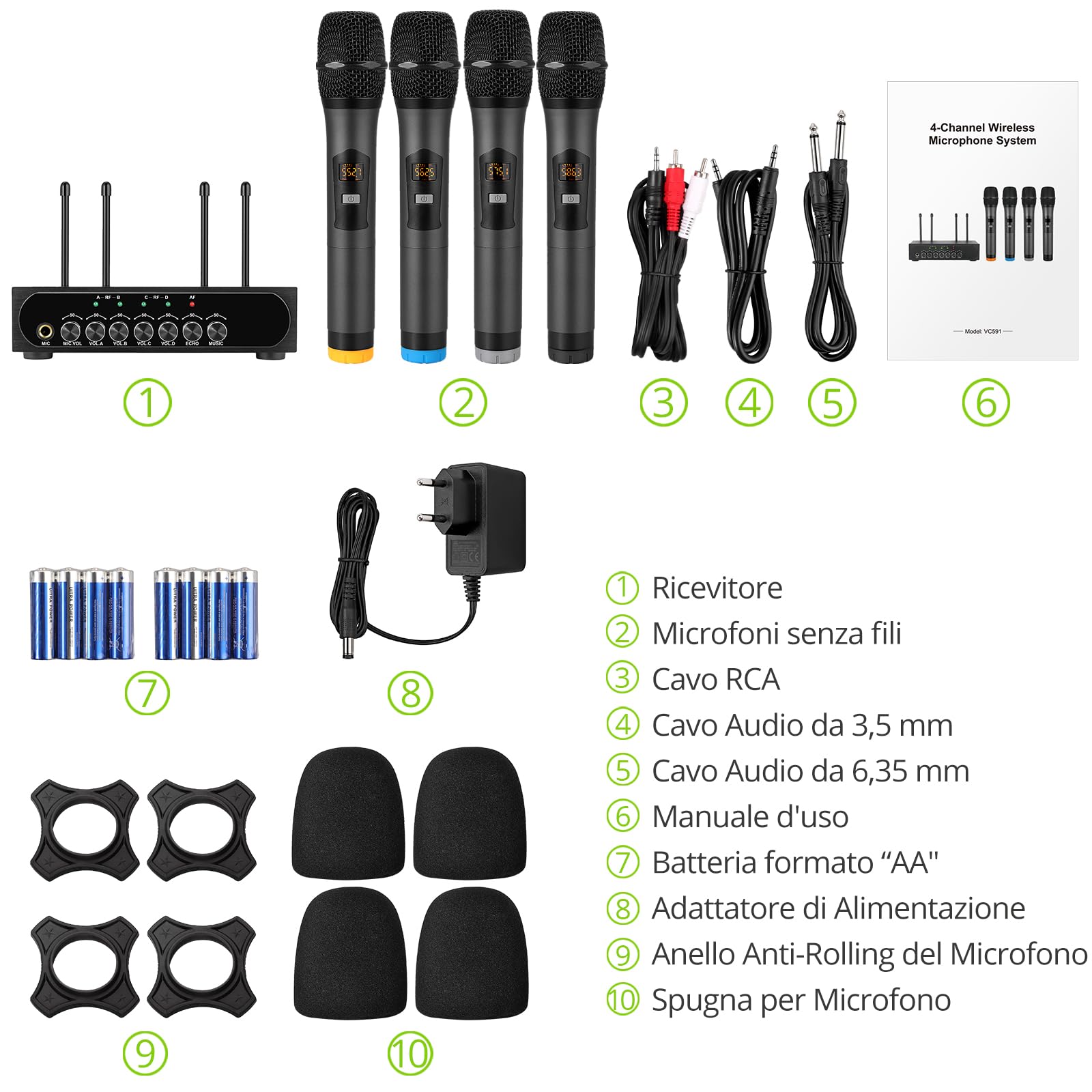 LiNKFOR Set di Microfoni Senza Fili Sistema con Echo UHF Sistema Microfonico Wireless Portatile a 4 Canali Volume e Frequenza Regolabile Microfonico Wireless con Ricevitore per Karaoke DJ Matrimoni