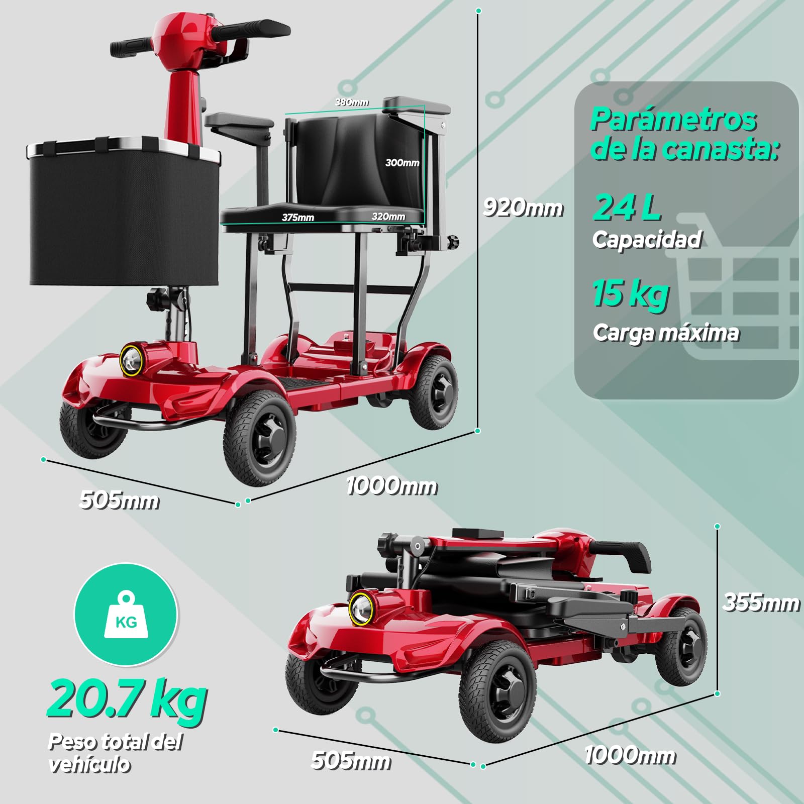 TODIMART X-17 Scooter de Movilidad 4 Ruedas - Ligero y Plegable, Autonomía 30km, Velocidad Máxima 8 km/h, Peso Máximo 130kg, Asiento Cómodo - Ideal para Personas Mayores y Discapacitadas