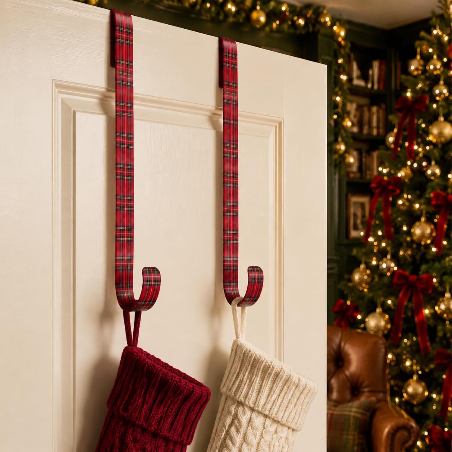 2 Pack Christmas Tartan Plaid Wreath Hanger 15'' for Front Door