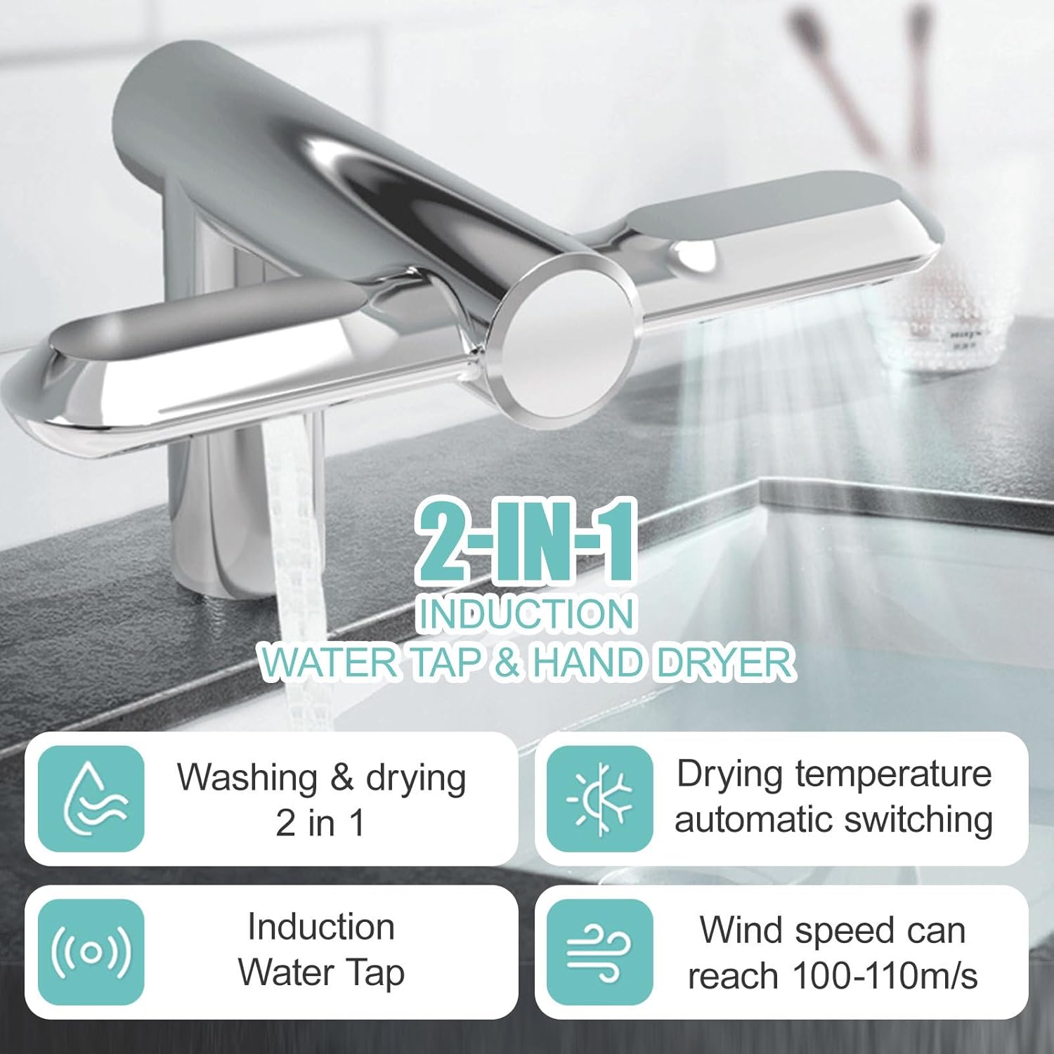 Automatic Sensing Faucets with Temperature Control Hand Dryer,with Hot/Cold Regulating Valve & Connecting Hose,Effectively Save Space in Bathroom/Laundry Room,for Under-Counter Basin,Grey
