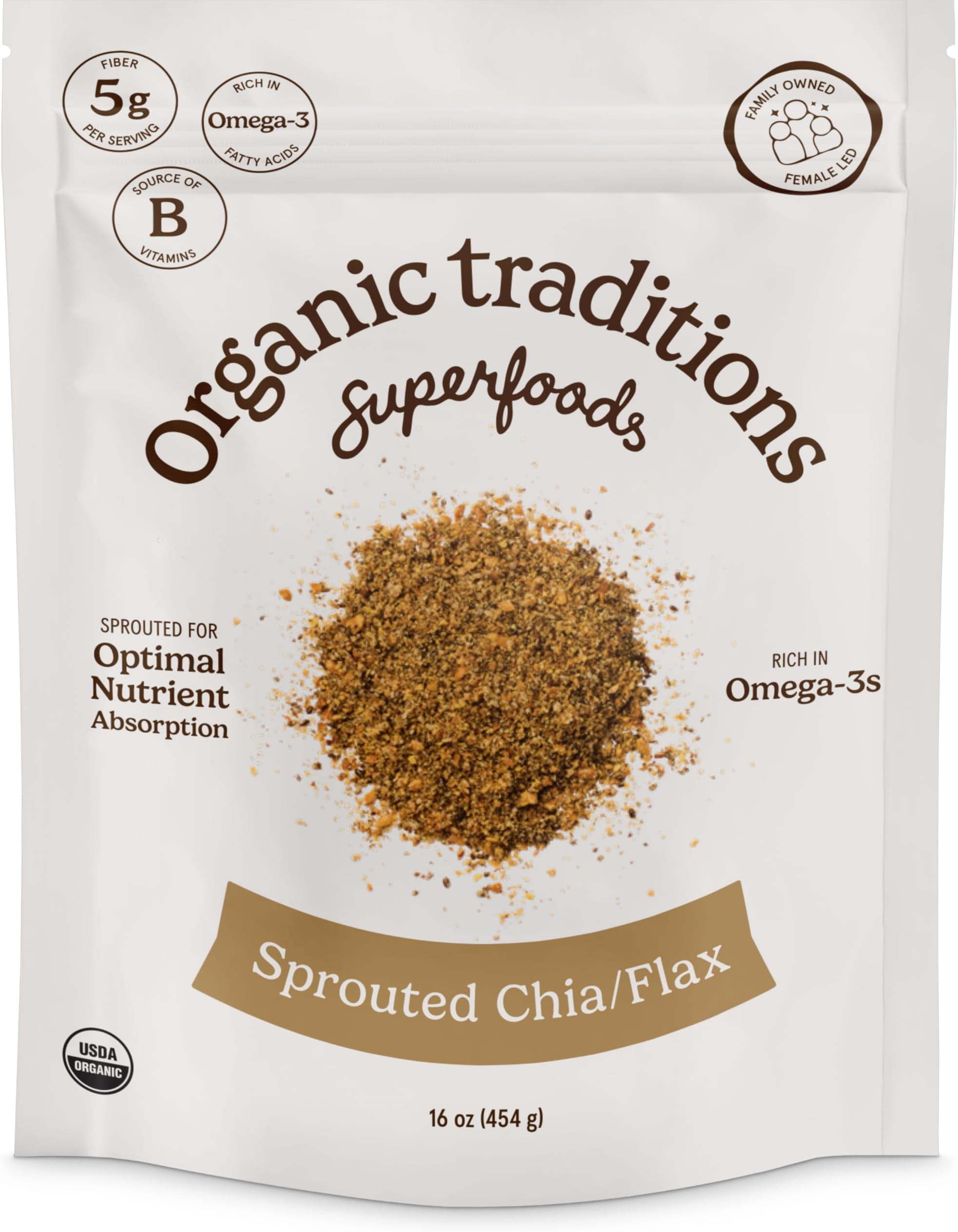 Organic Traditions Sprouted Chia and Flax Seed Powder Organic Chia and Organic Flax for Plant Based Non-GMO Superfood 454g/16oz Bag