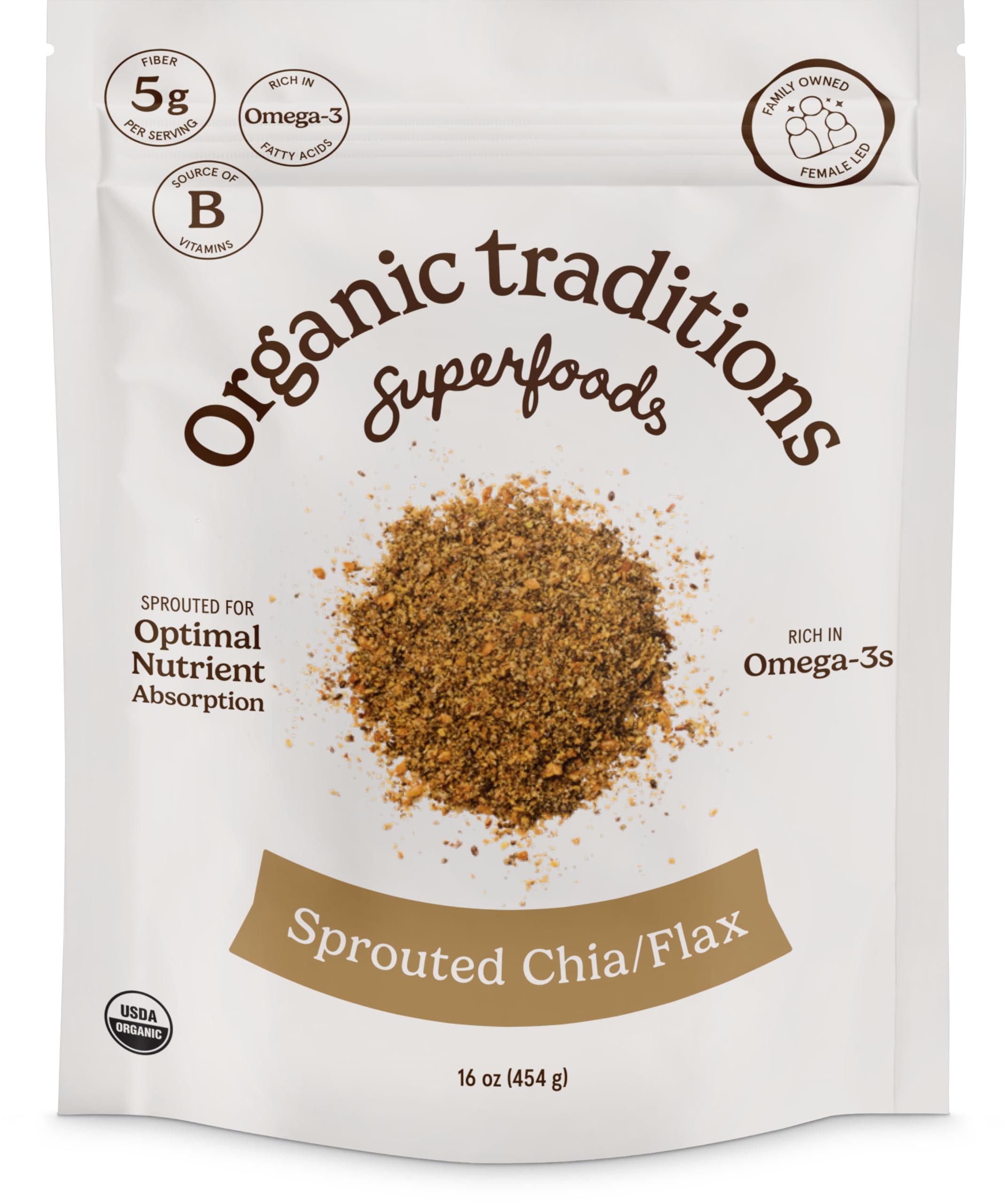 Organic Traditions Sprouted Chia Flax Seed Powder 16 oz 454 g