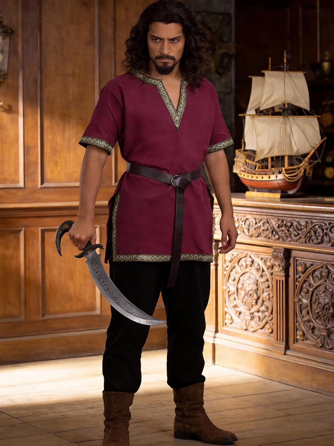 Renaissance Medieval Knight Costume for Men - 3PC Pirate Viking V-neck Tunic Set Halloween Cosplay Outfit - Image 4