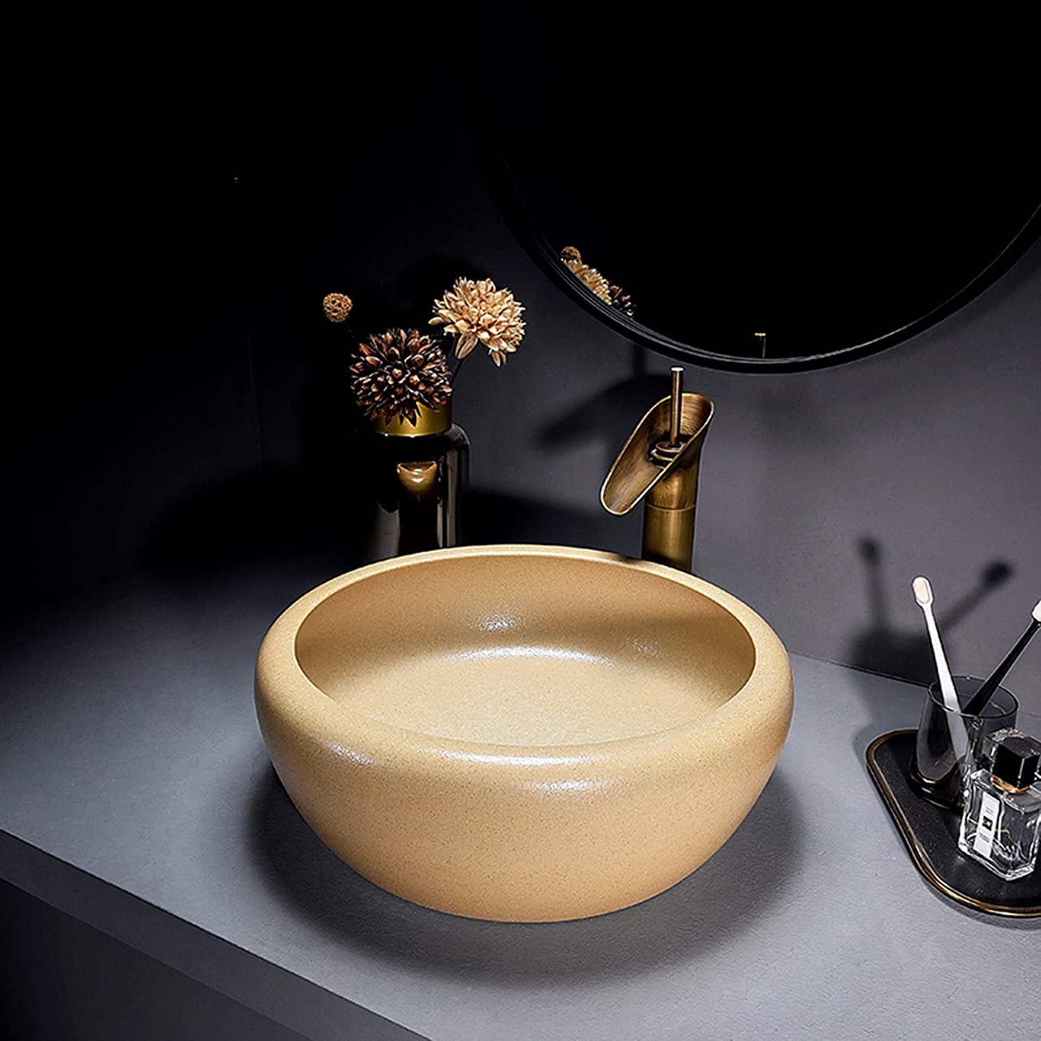 WOTZOV Ceramic Bathroom Sink Artistic Bathroom Vessel Sink Round, Smooth Ceramic Countertop Basin Sink, Washbasin 41 * 41 * 16Cm For Home Hotels Restaurants Decoration,Basin+FaucetAccessoriesSet