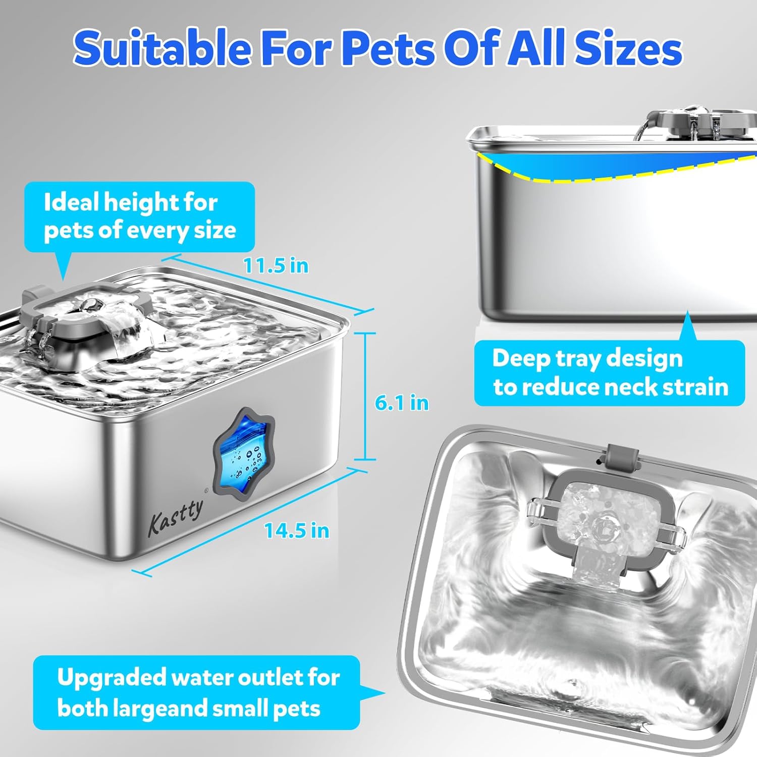 Kastty Large Dog Water Fountain, 15L/4Gal Stainless Steel Pet Water Bowl Dispenser with 5-Stage Filtration, AUTO Dual-Color LED, Visual Window, Ultra Quiet, for Large Medium Dogs & Multi-pet, FS81