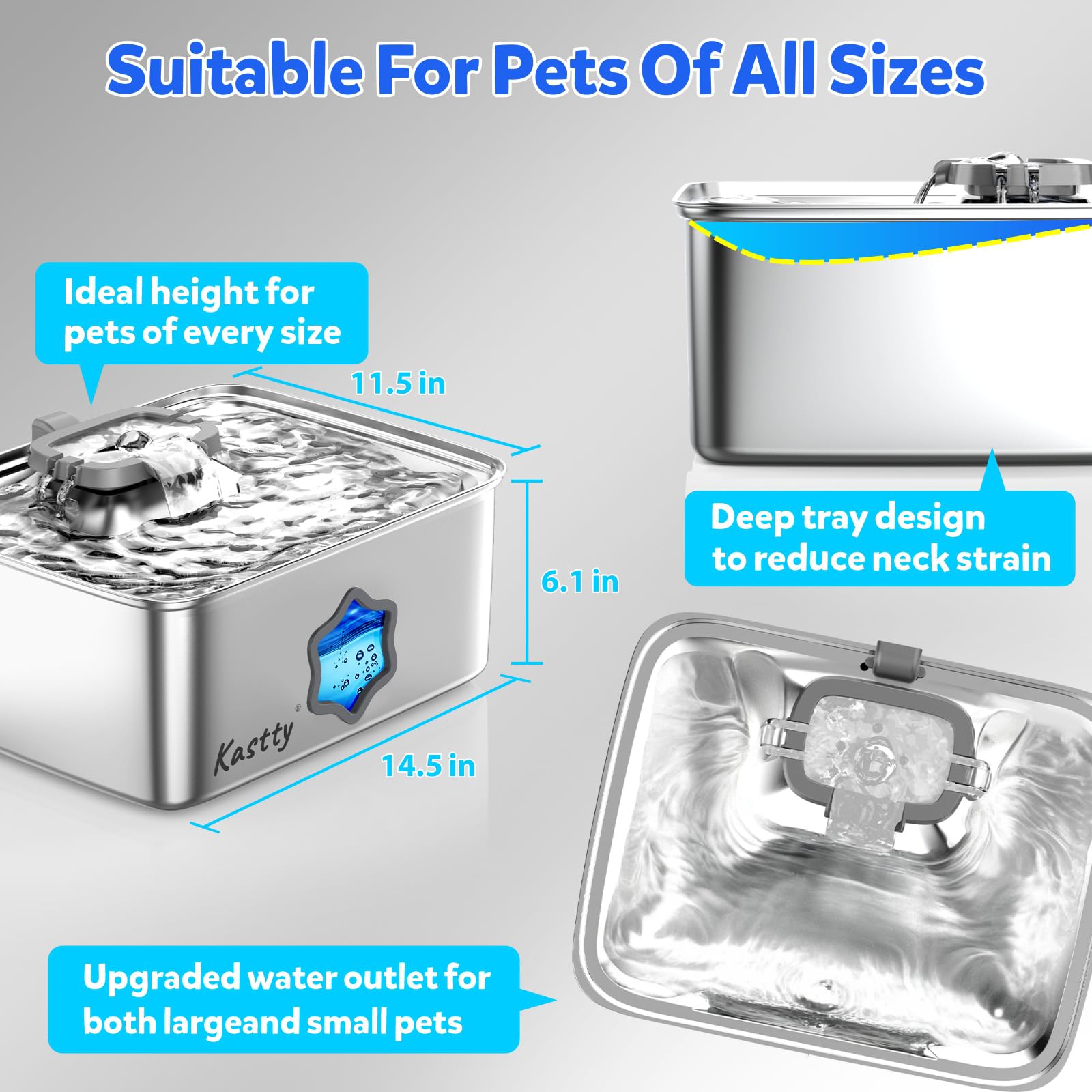 Kastty 15L/4 Gal Hund Wasserbrunnen, 5-stufige Filtration Edelstahl Hund Wassernapf Spender, Super Leise Haustier Wasserbrunnen, mit Wasserfenster & LED, für Große Hunde und Multi-Pet(FS81)