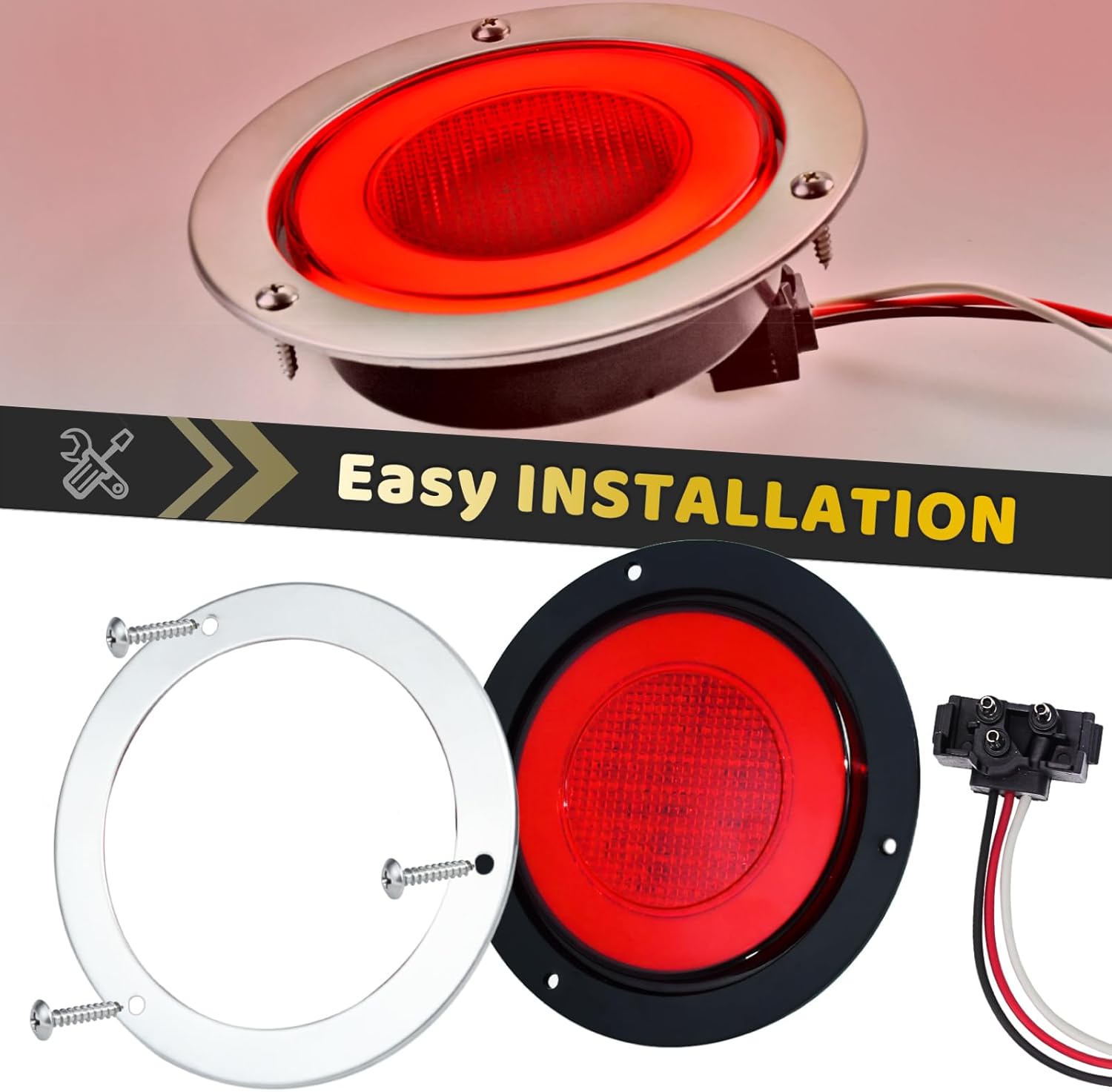 4pcs 4 inch Round LED Trailer Trucks Halo Brake Stop Running Turn Signal Tail Lights Red 64 LEDs w/Stainless Bezels Flange Mount Sealed Waterproof IP67 For RV/Van, DC 12V