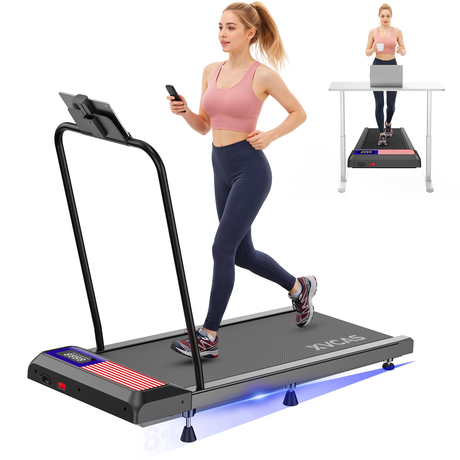 XVCAS Under Desk Treadmill with Incline and Handlebar, 4-in-1 Folding Walking Pad for Home Office, Quiet Running Machine with Remote, Installation Free, Portable