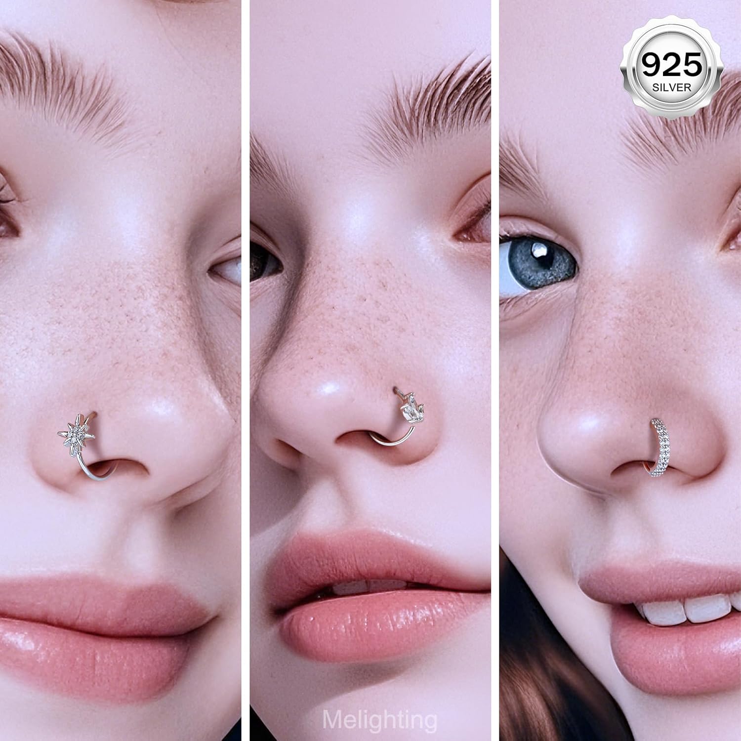 Melighting 20G Nose Ring Hoop 925 Sterling Silver Seamless Open Nose Piercing Dangle Heart Helix Earring Clear CZ 8 mm Cartilage Earring Nose Jewelry for Women - Image 2