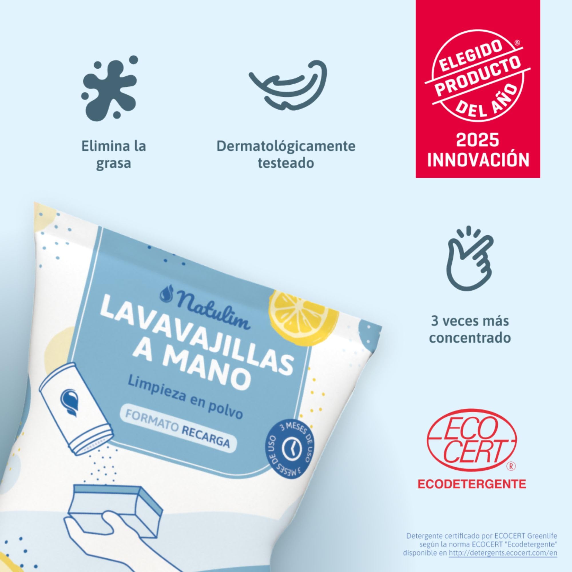 Natulim Pack Lavavajillas a mano - Eficaz en la Eliminación de Grasa y Restos de Comida - Contiene dispensador reutilizable, 2 esponjas y sobre de lavavajilla en polvo 250 Gr. (1 Pack)
