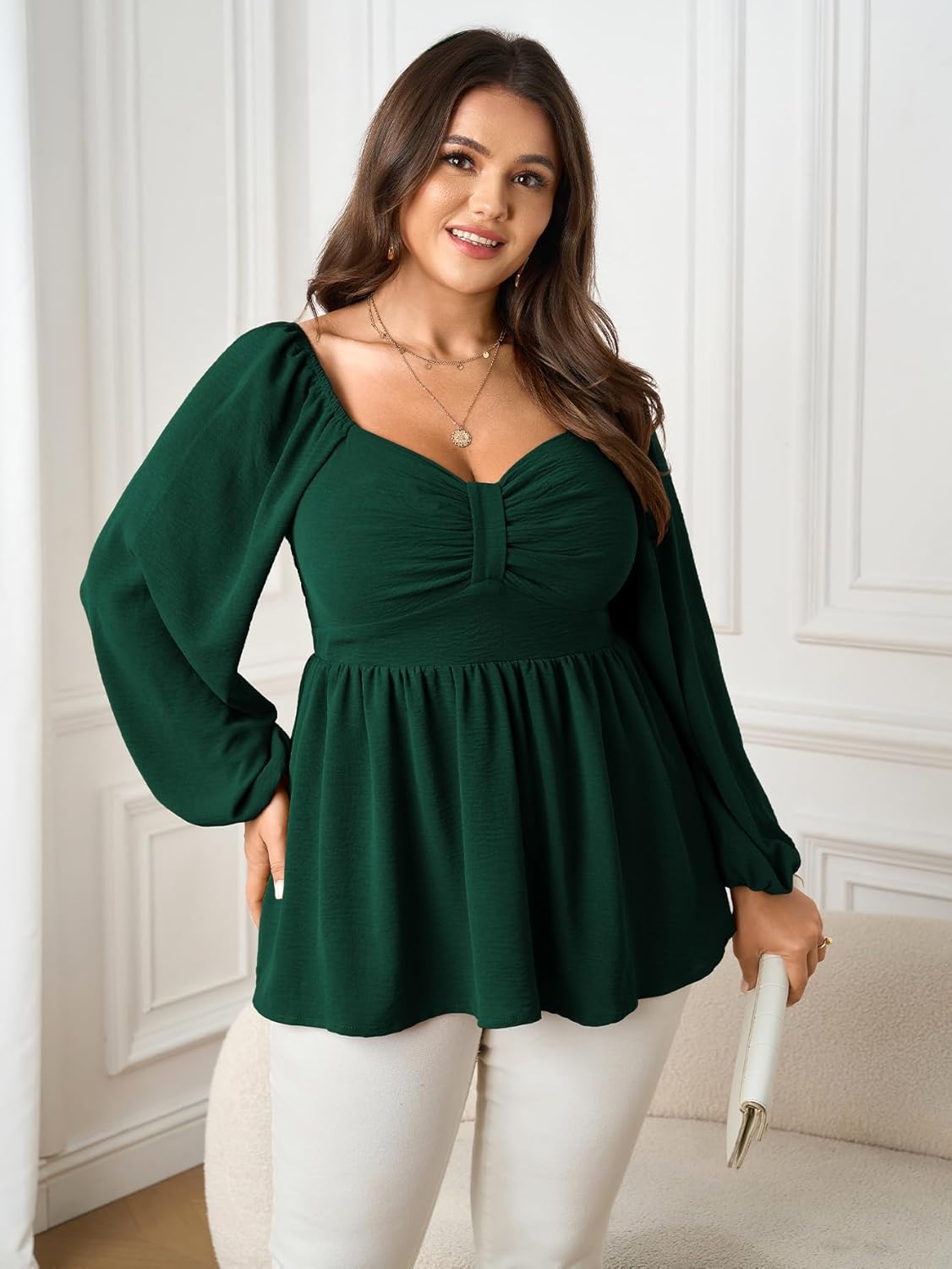SCOMCHIC Women's Plus Size Blouses Long Sleeve Sweetheart Neckline Babydoll Ruffle Peplum Smocked Cute Casual Fall Tops - Image 3