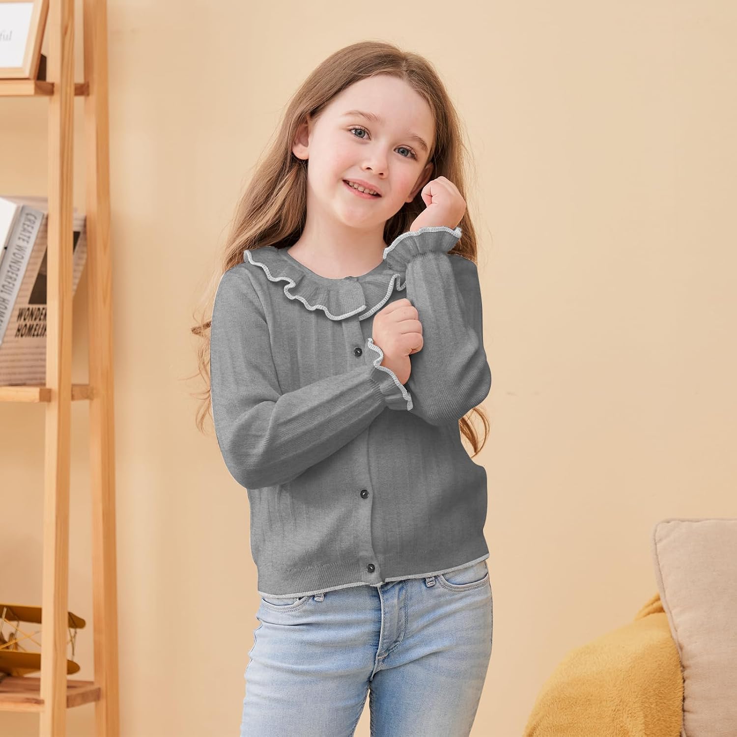 Girls Cardigan Sweet Ruffle Collar Sweater Button Long Sleeve Knit Tops for Girls Outfits