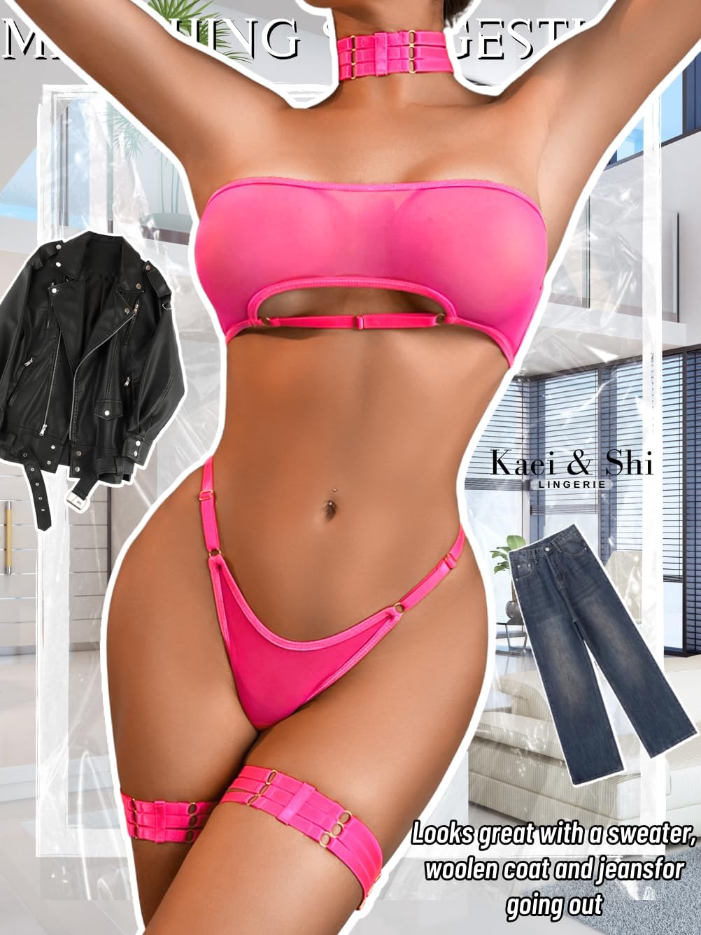 Kaei&Shi Sheer Mesh Lingerie Set, Sexy Bra And Panty 4PC, Strapless Choker - Image 5