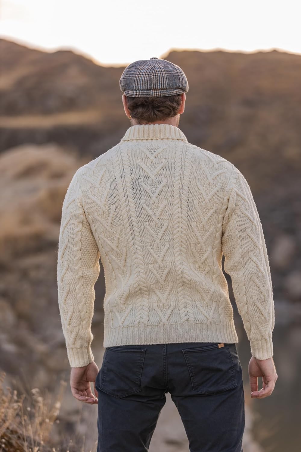 100% Merino Wool Men's Shawl Collar Single Button Irish Cable Knit Sweater Knitwear with Pockets - Image 5