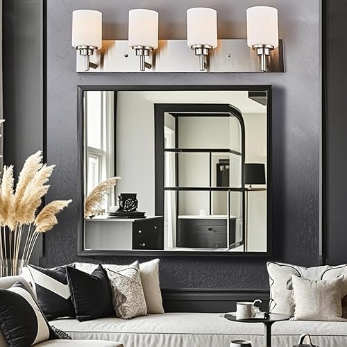 Miniatura 8 de Lámpara de tocador de baño, níquel cepillado, 4 luces de 32 pulgadas, montaje desplazado, aplique de pared moderno, vidrio blanco y placa trasera