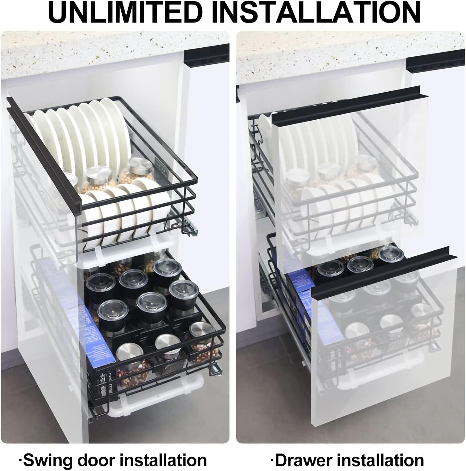 Expandable Kitchen Cabinet with 2 Tiers Stainless Steel Dish Rack Pull Out Drawer for Under Sink Storage Space Saving Solution for Small Cabinets
