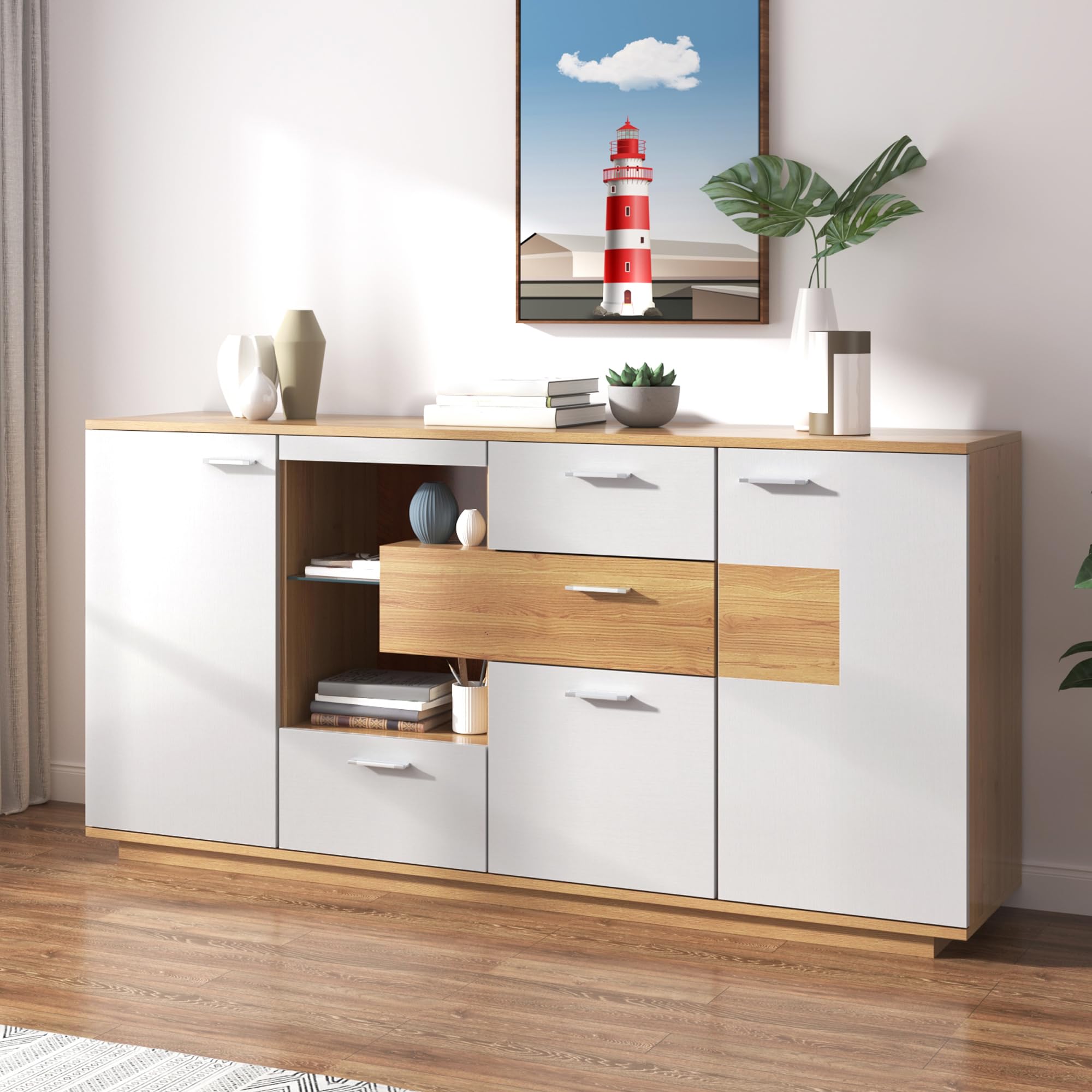 LAKFEW Aparadores para Salon con LED y Estante de Cristal, Aparador Salon con 4 Cajones y 2 Puertas, Aparador Entrada, Muebles de Salon Mueble Auxiliar Salón, 160x40x77 cm, Color Madera+Blanco