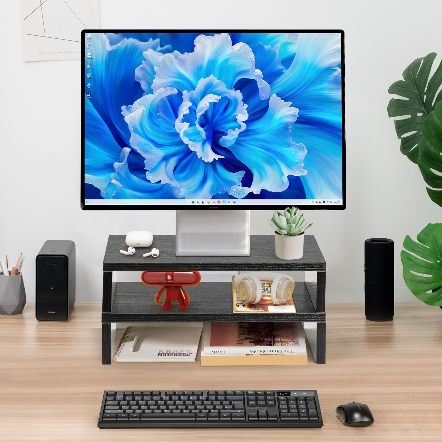 Monitor Stand Riser for Desk 2 Pack, Computer Stand Dual Monitor Riser, Monitor Stand Riser MDF 2 Tier Adjustable Monitor Stand for Monitors/Laptop/PC, Black
