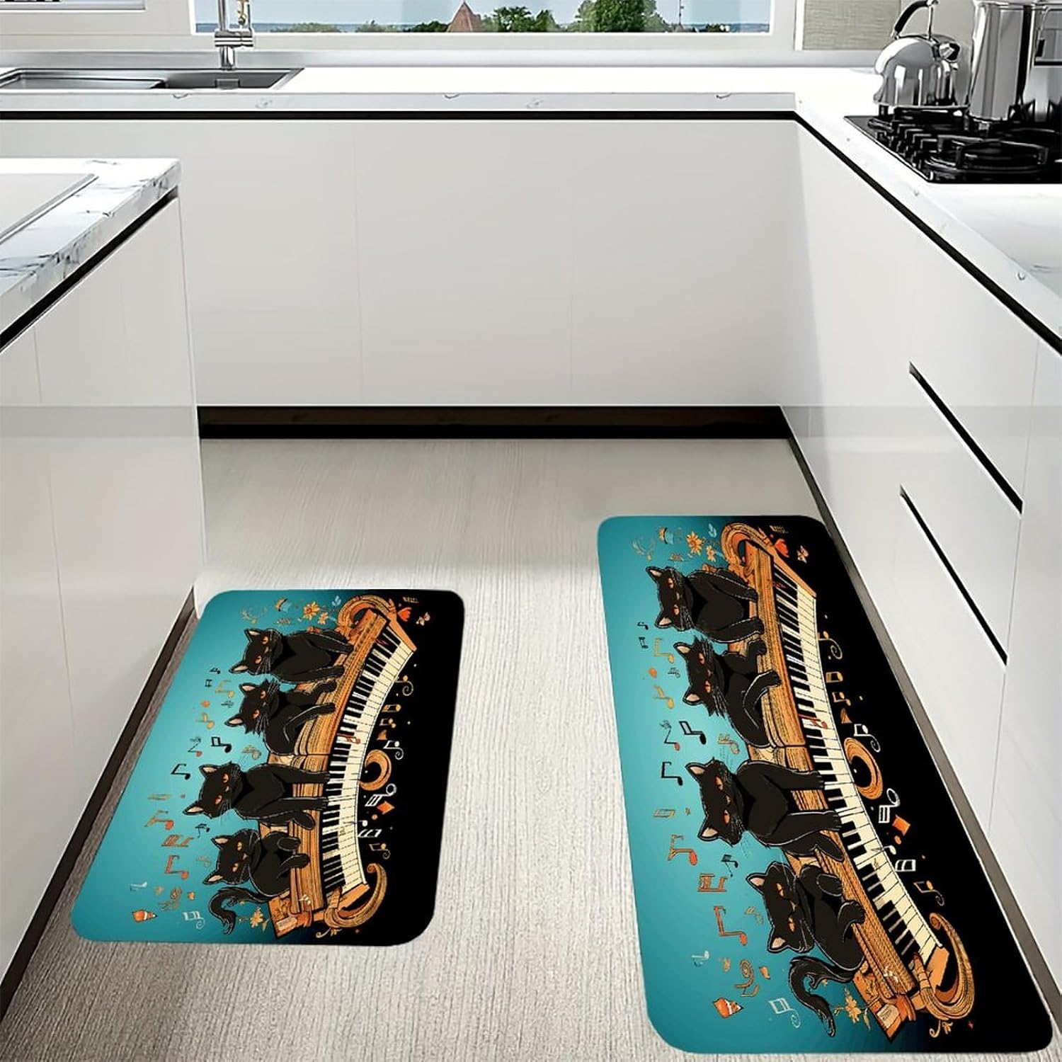 Four Black Cats Lying on The Piano Keyboard Kitchen Mat Washable Non Slip Rugs Soft Kitchen Mats for Floor Set of 2 PCS Cushioned Absorbent Runner Standing Rugs for Home Sink Laundry Office