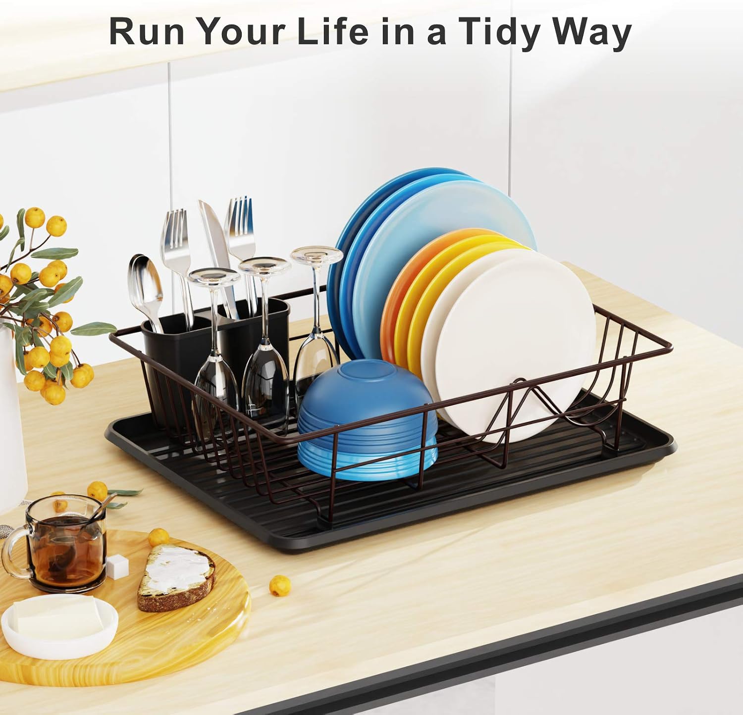 Dish Drying Rack, Packism Small Dish Rack with Drain Board, Utensil Holder, Durable Dish Drainer for Kitchen Counter Top, Bronze
