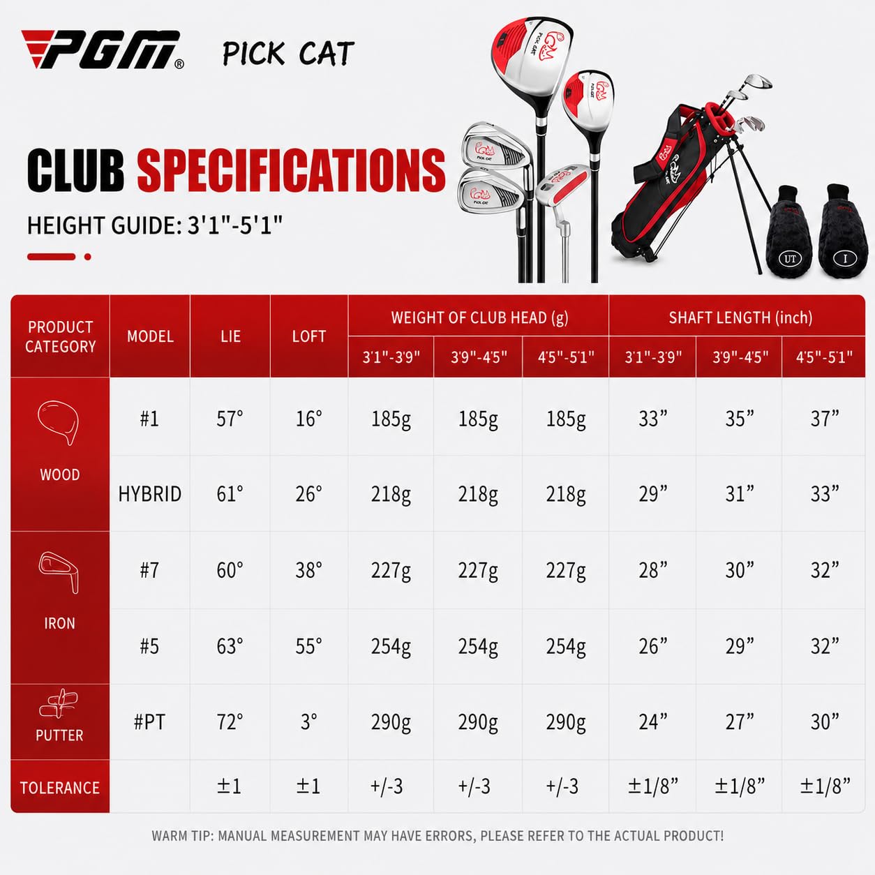 PGM Junior Golfschläger Komplettset für Kinder Kinder, 5 Golfschläger mit Standtasche und 2 Schlägerhauben für Jungen & Mädchen, rechte Hand