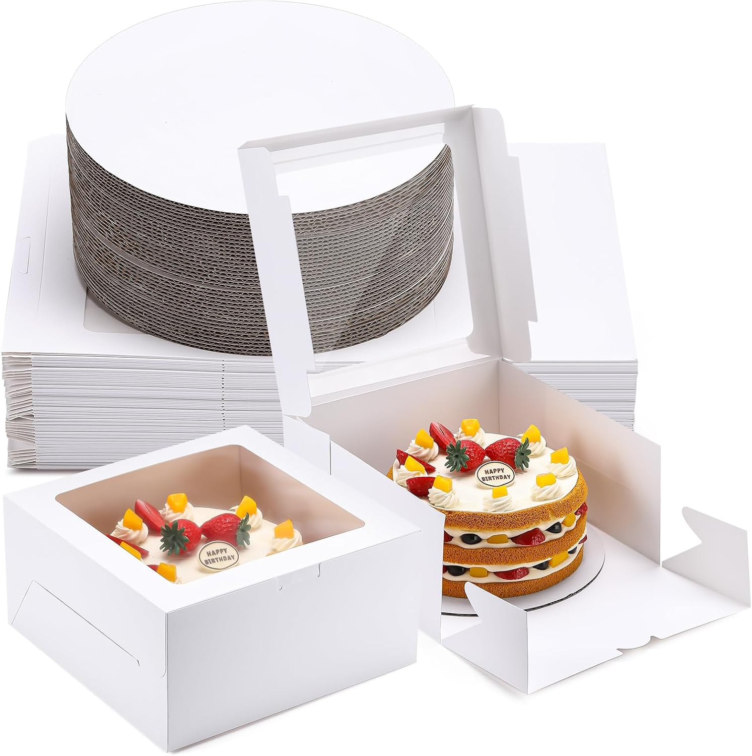 80 Pcs 10x10x5 Inch Cake Boxes 40pcs Bakery Boxes with Window and 40pcs Cake Boards Disposable Cakes Containers for Cookies Pies Cupcakes Dessert Pastry Xmas Party