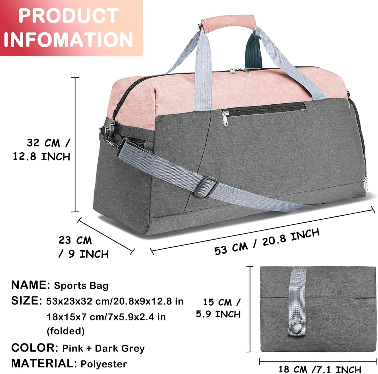 Gym Bags for Women Men with Wet & Shoe Compartment, 40L Foldable Travel Duffle Bag, Lightweight Weekender Overnight Duffel Bag for Traveling Sports Gym(Pink) - Image 2