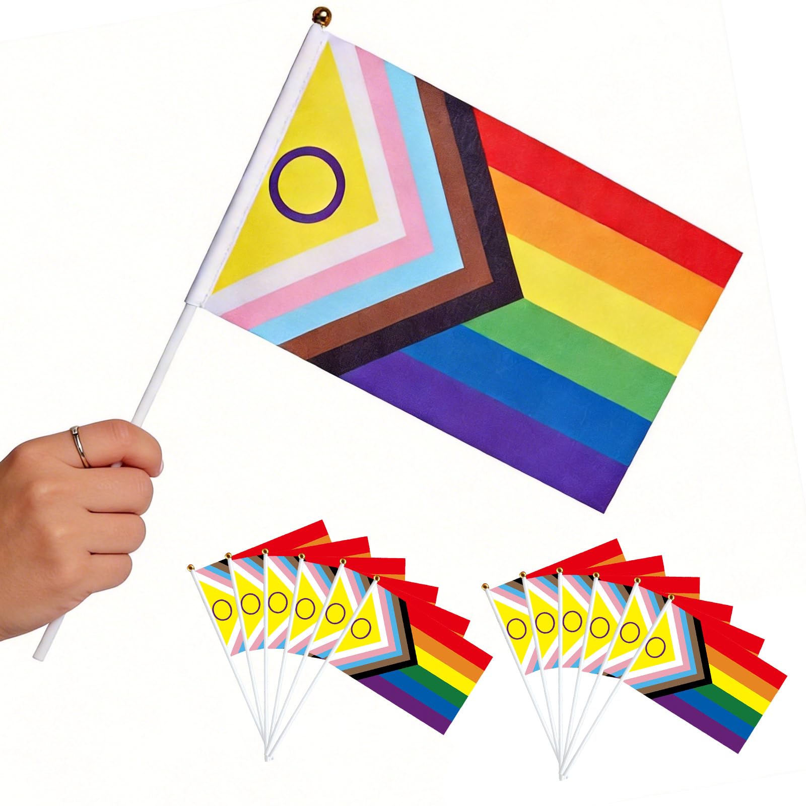 12 Pack Small Handheld Progress Pride Flags, 14 x 21 cm Double-Sided Mini LGBTQ Flags on Sticks, Rainbow Gay Pride Decorations for Outdoor Parades, LGBTQ+ Party, Celebrations, Events