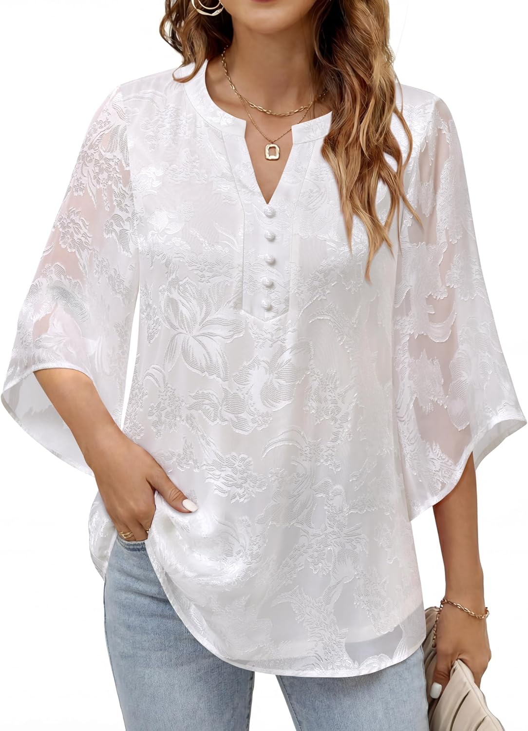 Youtalia Women's Flowy Casual Classy V Neck Blouses 3/4 Sleeve Elegant Floral Double Layers Tops Shirts