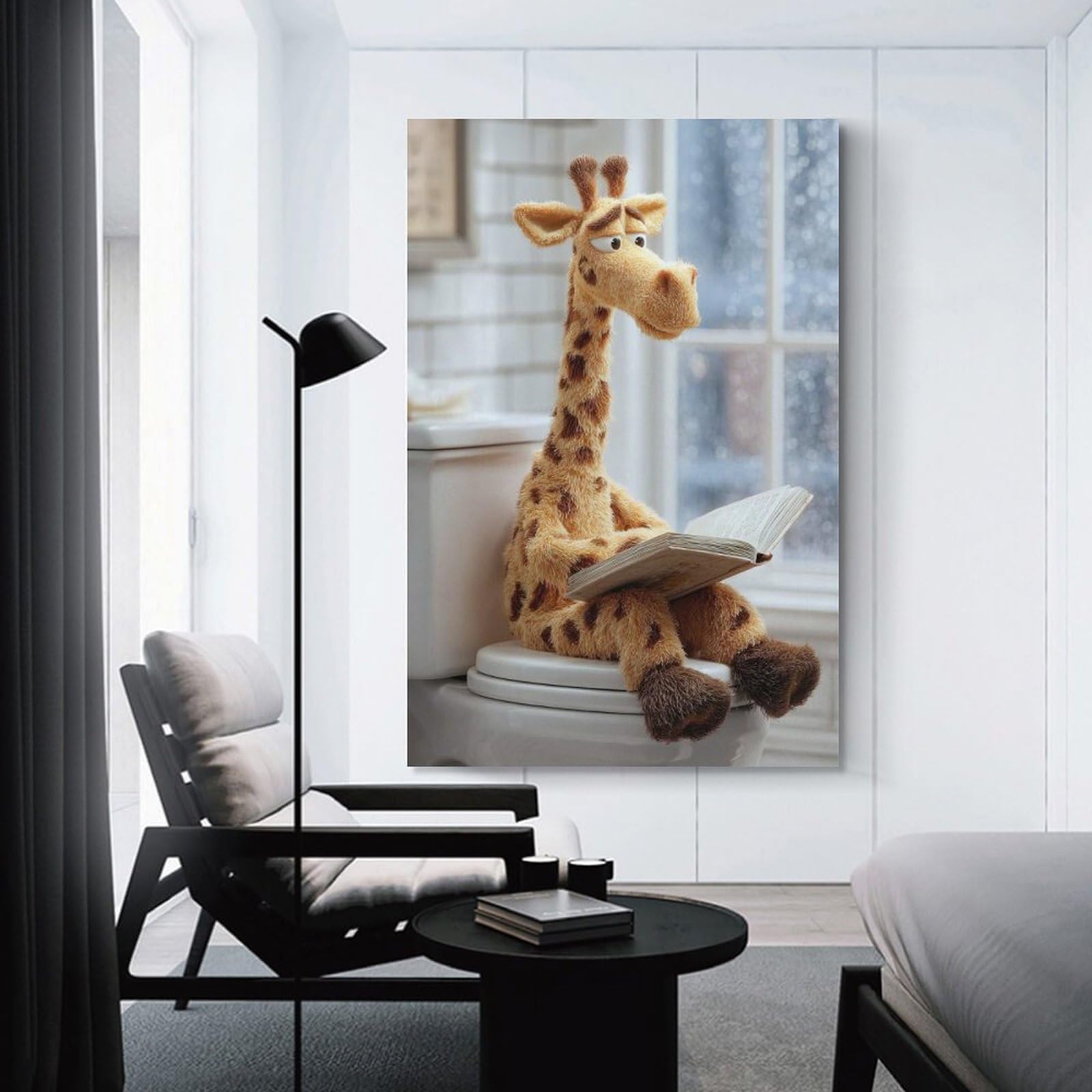 Junmoney Wall Picture Print Giraffe Reading on Toilet, 12x18inch(30x45cm), for Wall Displays, Bedrooms Or Room Updates, Wall Decor Suited to Curated Displays