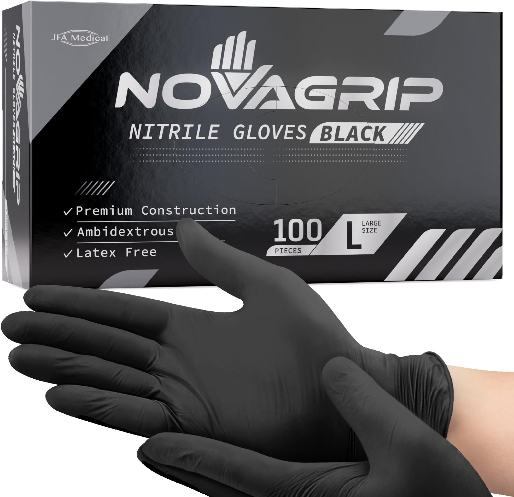 JFA Medical Mechanic, Disposable Powder Free Latex Free Black Nitrile Gloves - Box of 100 (Large)