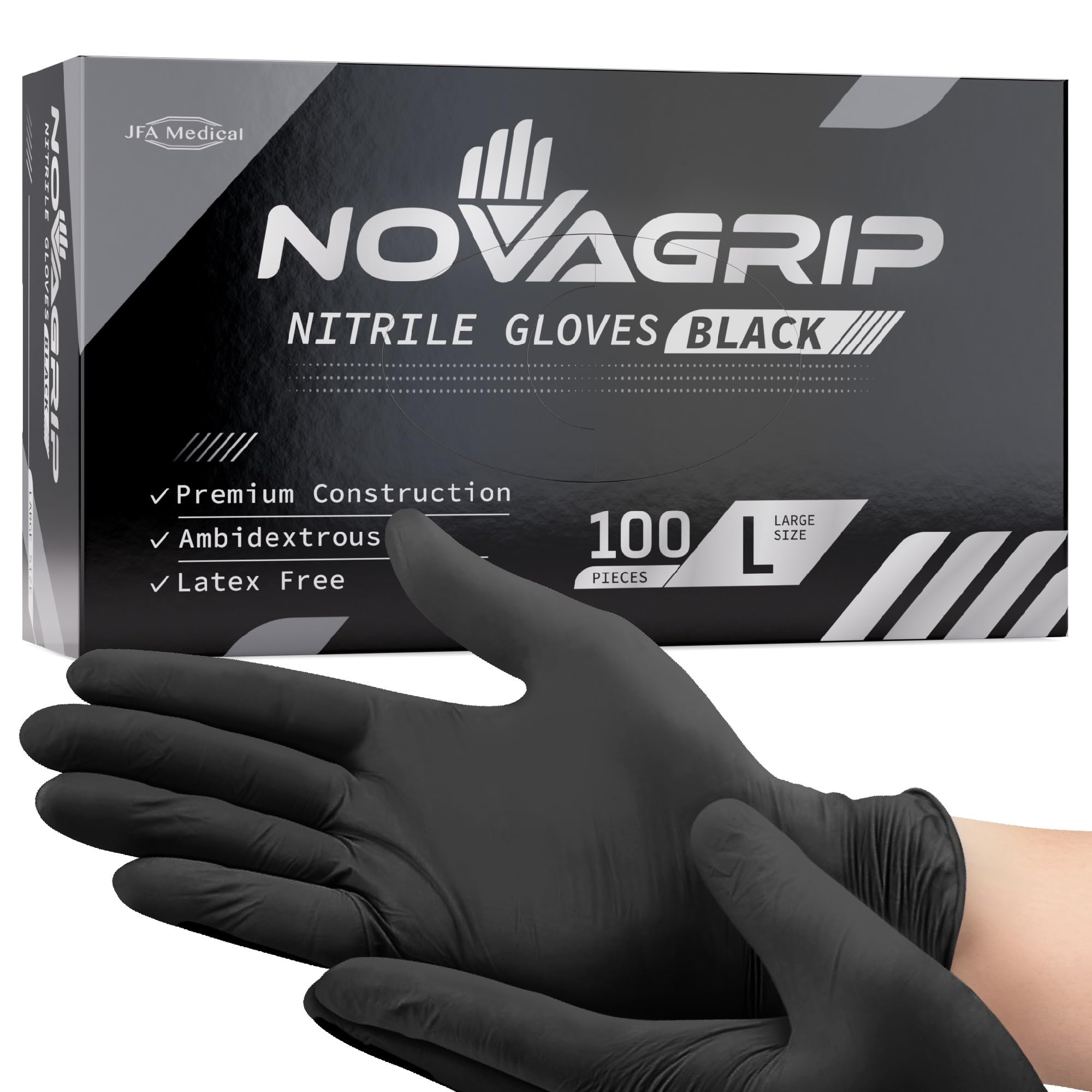 JFA Medical Mechanic, Tattooist, Tattoo Disposable Powder Free Latex Free Black Nitrile Gloves - Box of 100 (Large)